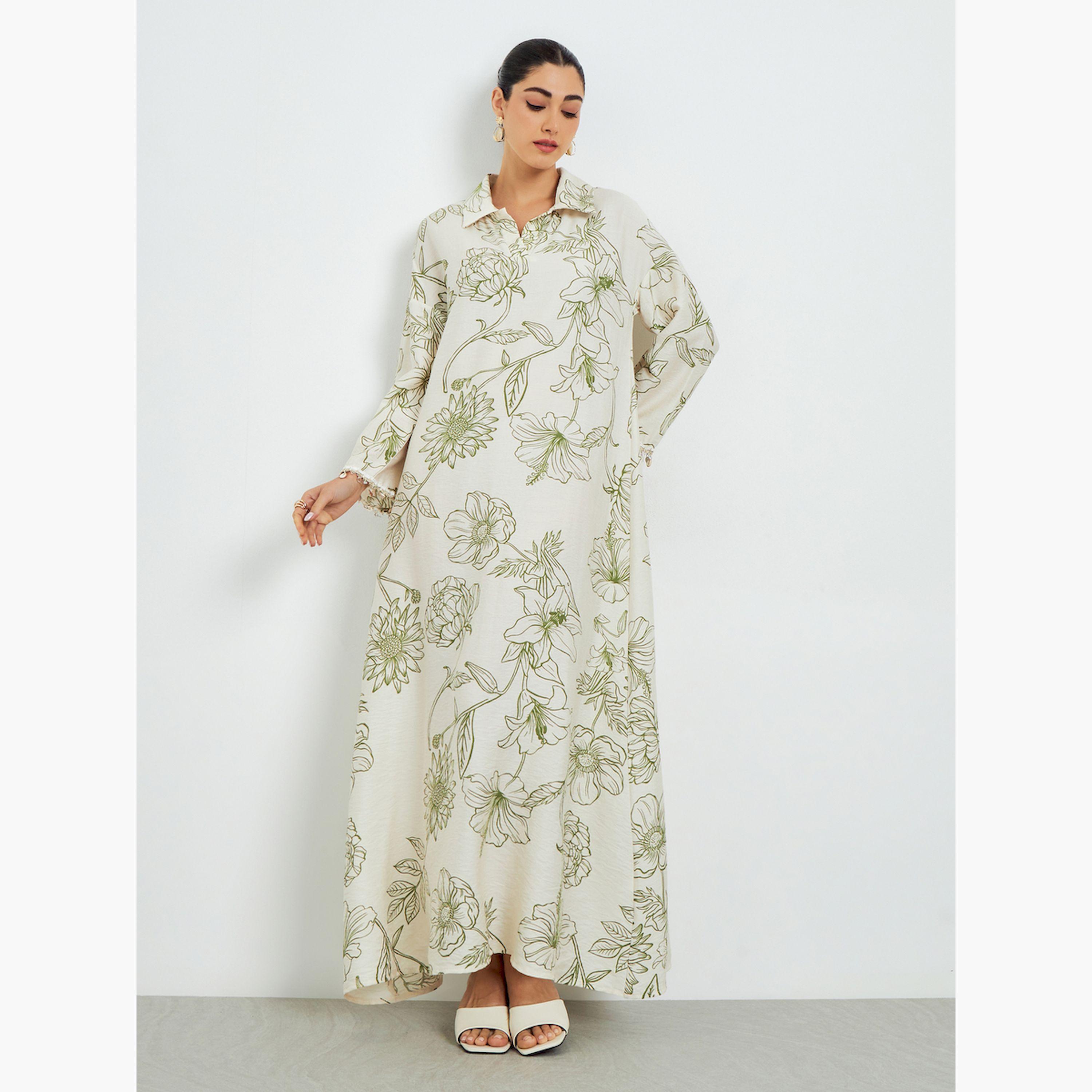 جلابية بطبعة زهور وتفاصيل أكمام منسدلة-women-arabicclothing-jalabiyas-image-3