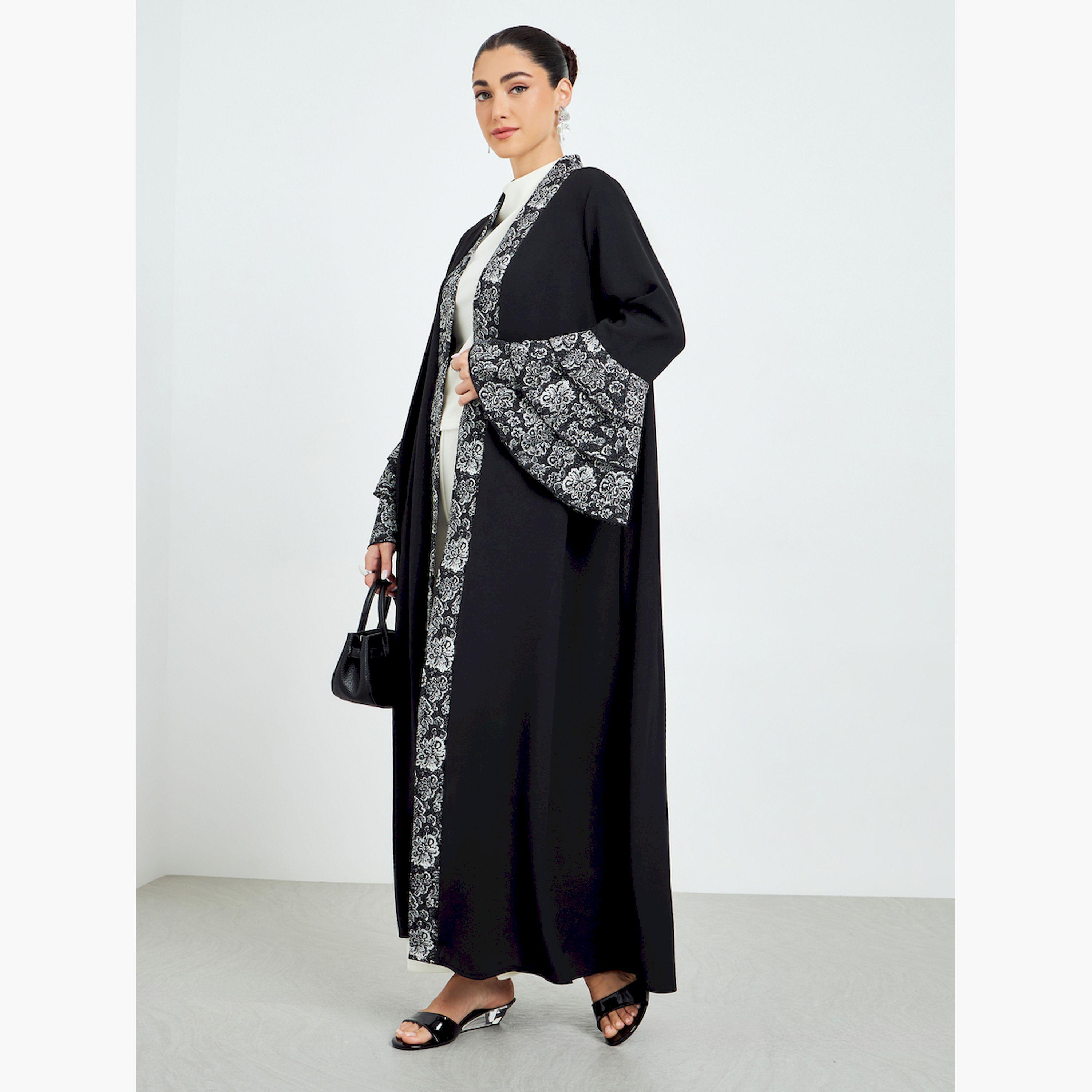 Styli Black Printed Trim Open Front Abaya-women-arabicclothing-abayas-image-3