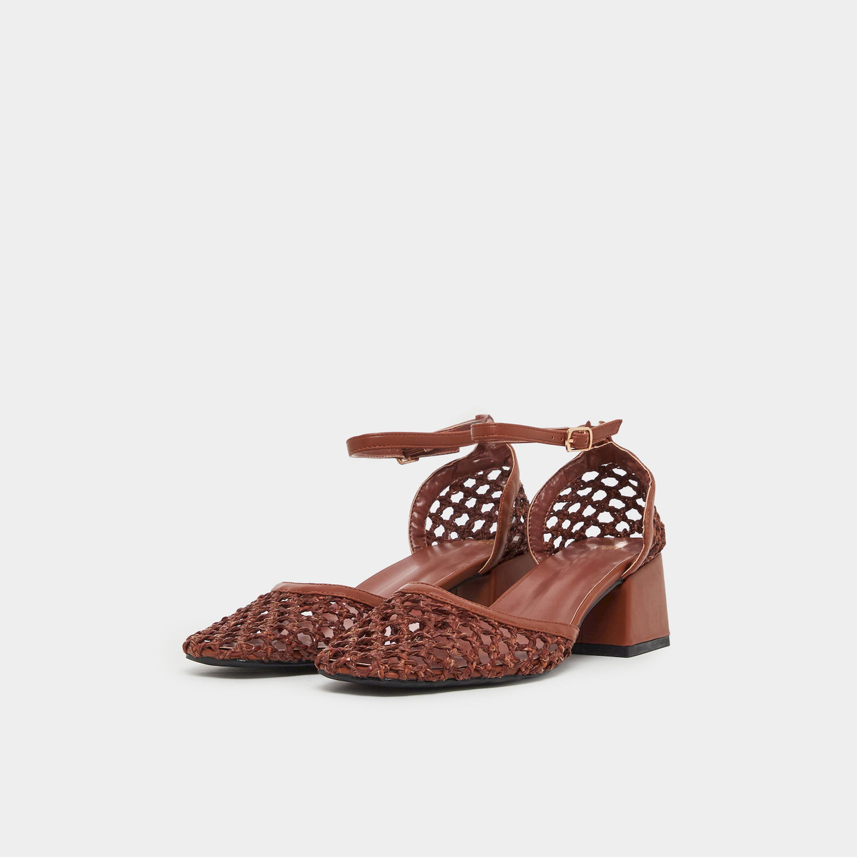 Styli Brown Woven Ankle Strap Block Heel Shoes-women-shoes-heels-image-1