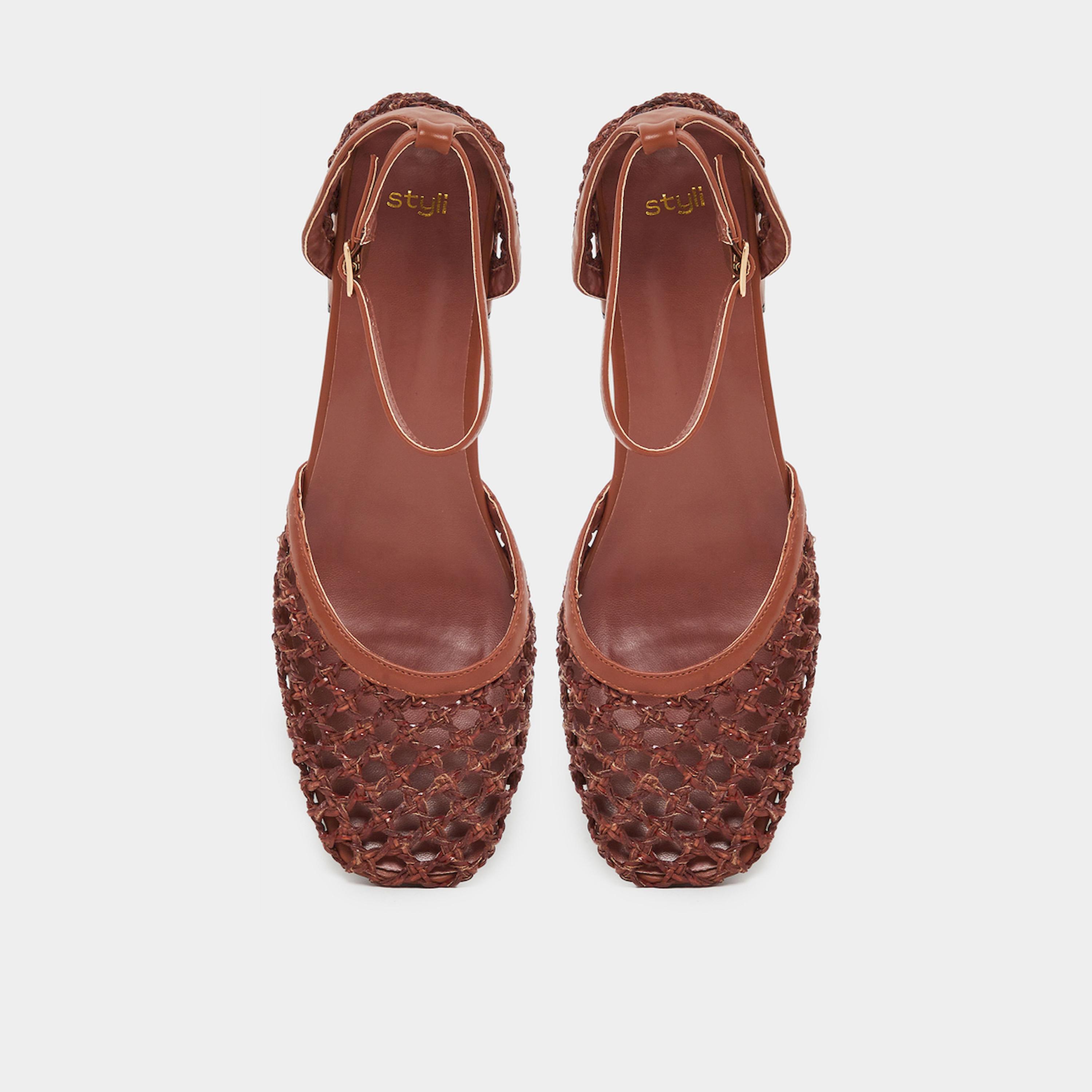 Styli Brown Woven Ankle Strap Block Heel Shoes-women-shoes-heels-image-3