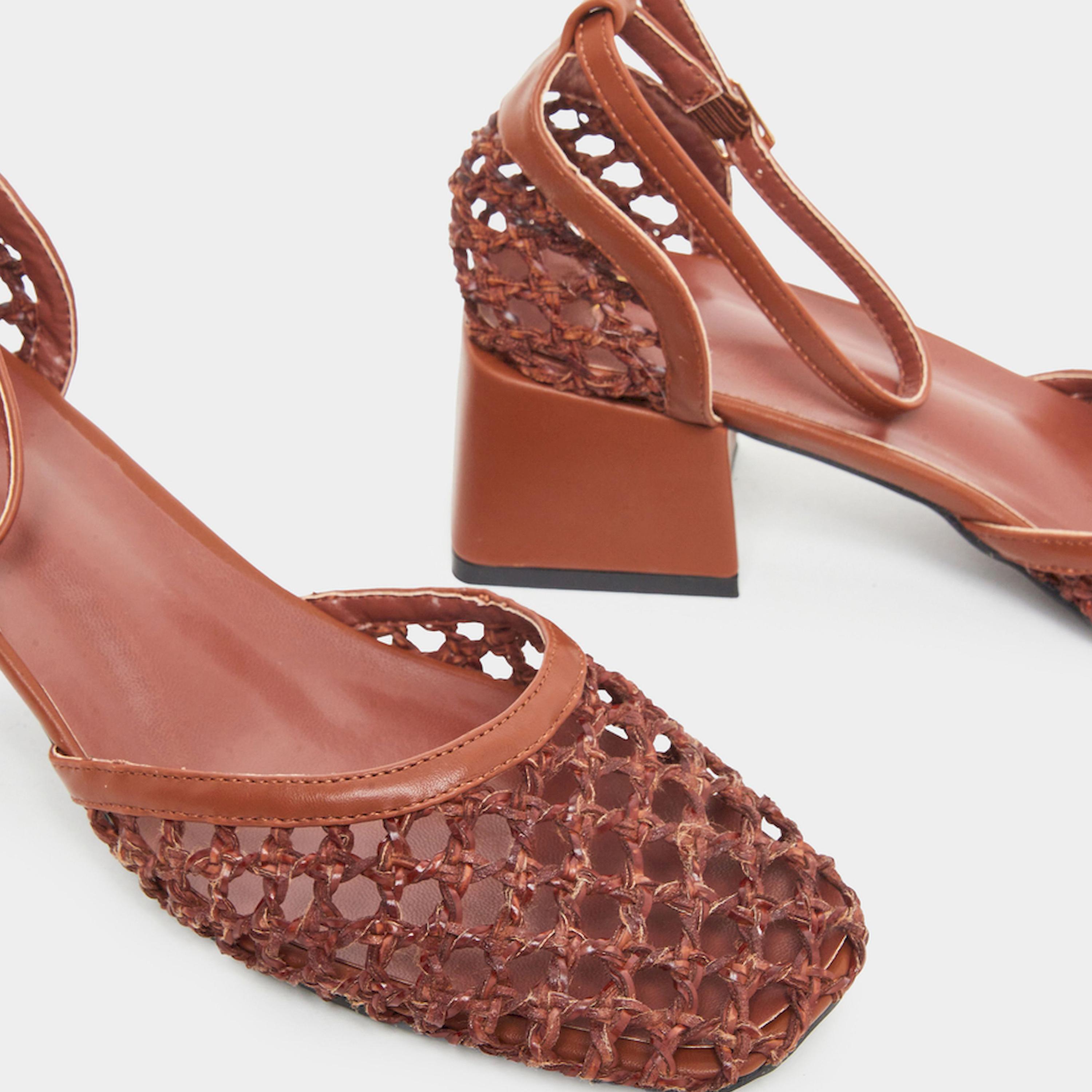 Styli Brown Woven Ankle Strap Block Heel Shoes-women-shoes-heels-image-5
