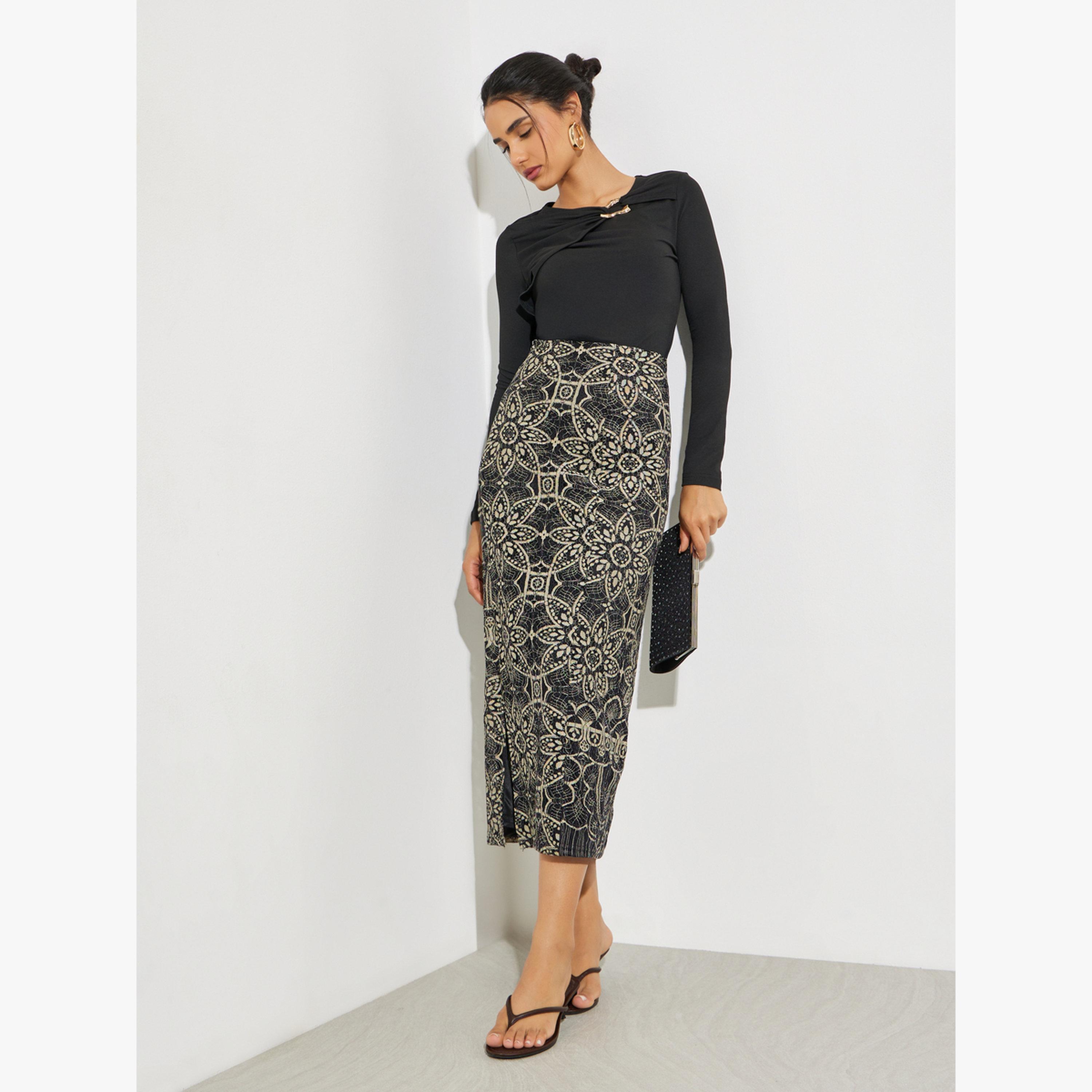 Styli Black Patterned Lace Midi Skirt-women-clothing-bottoms-skirts-image-2