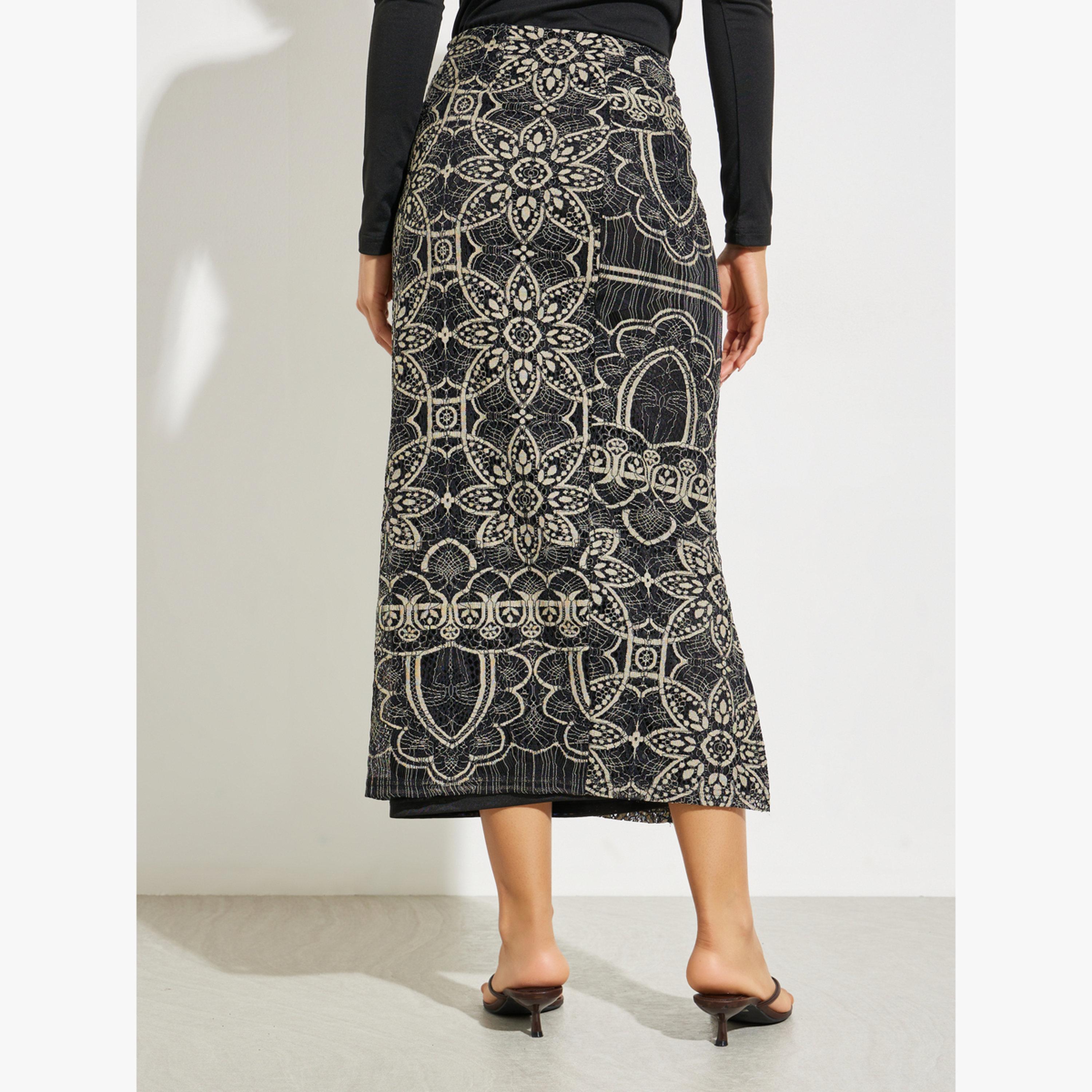 Styli Black Patterned Lace Midi Skirt-women-clothing-bottoms-skirts-image-4