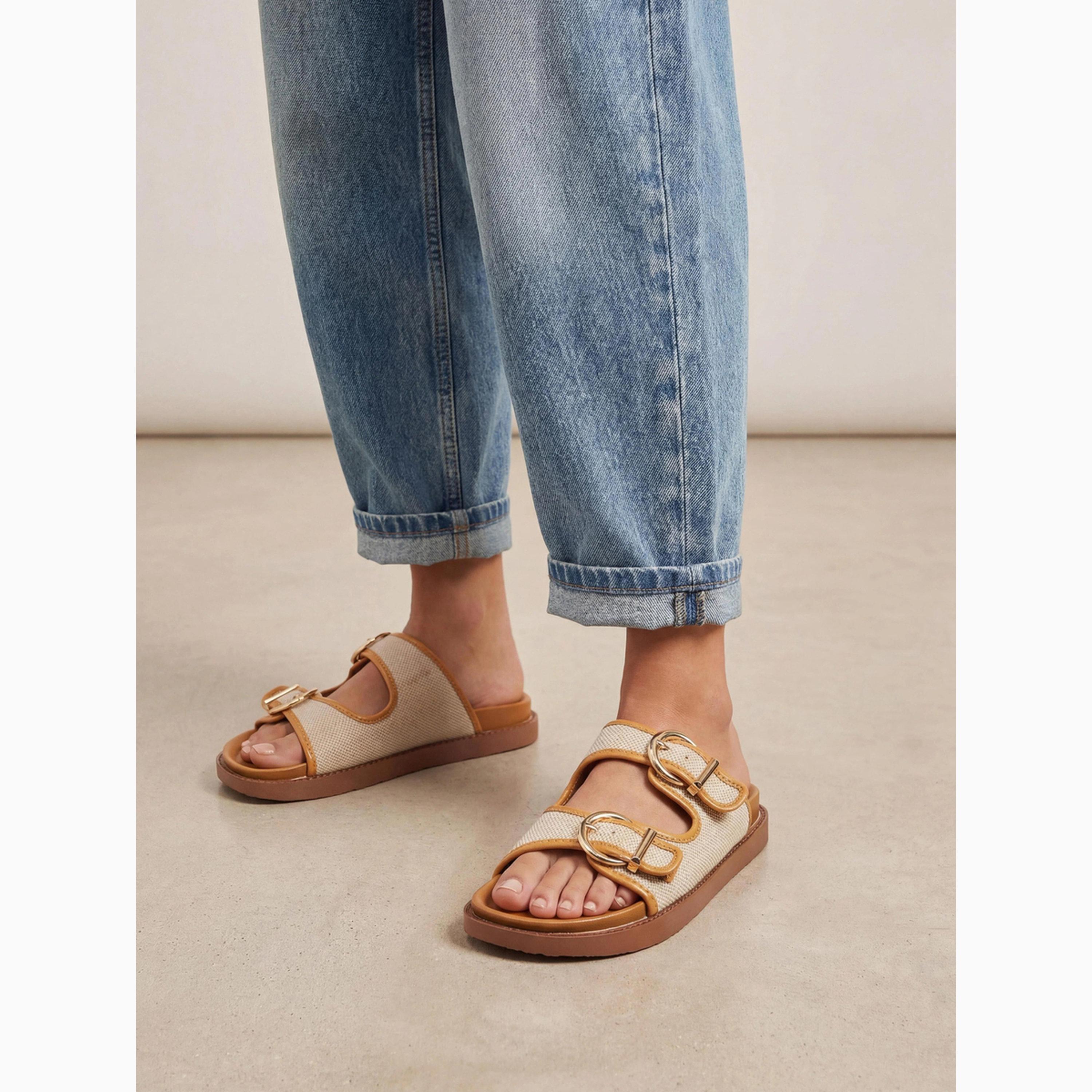 Styli Tan Double Buckle Flat Mule Sandals-women-shoes-sandals-flats-image-3
