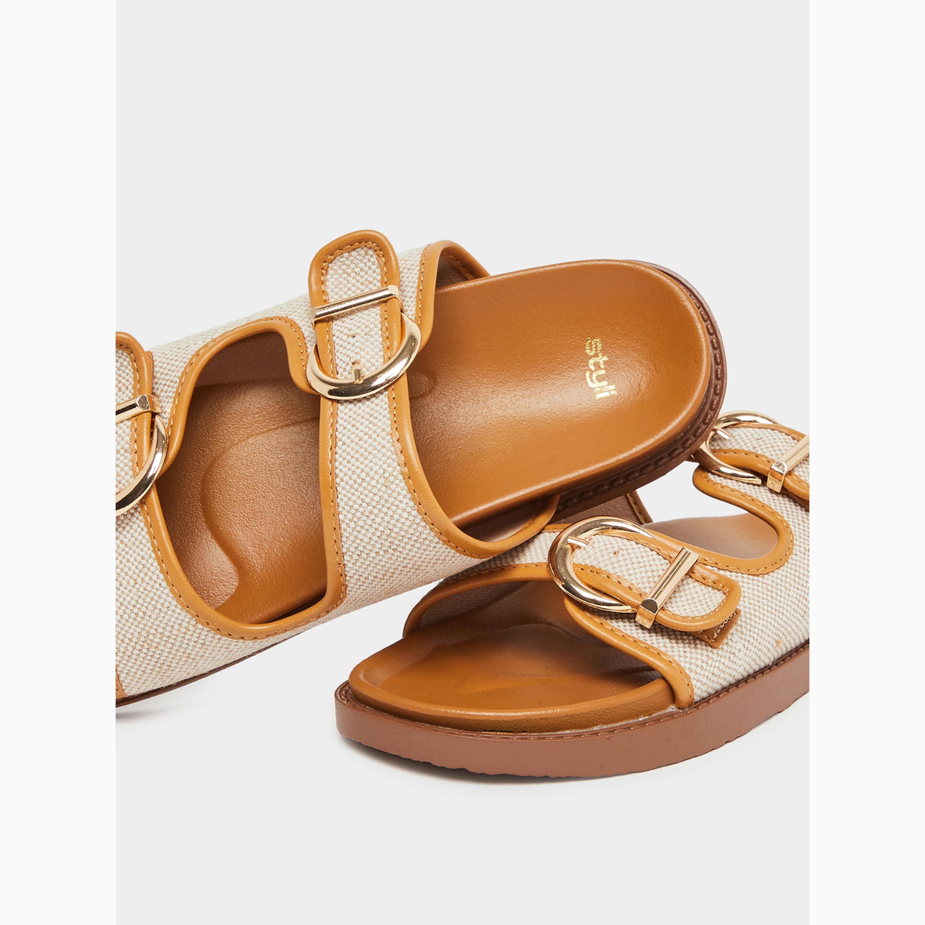 Styli Tan Double Buckle Flat Mule Sandals-women-shoes-sandals-flats-image-4