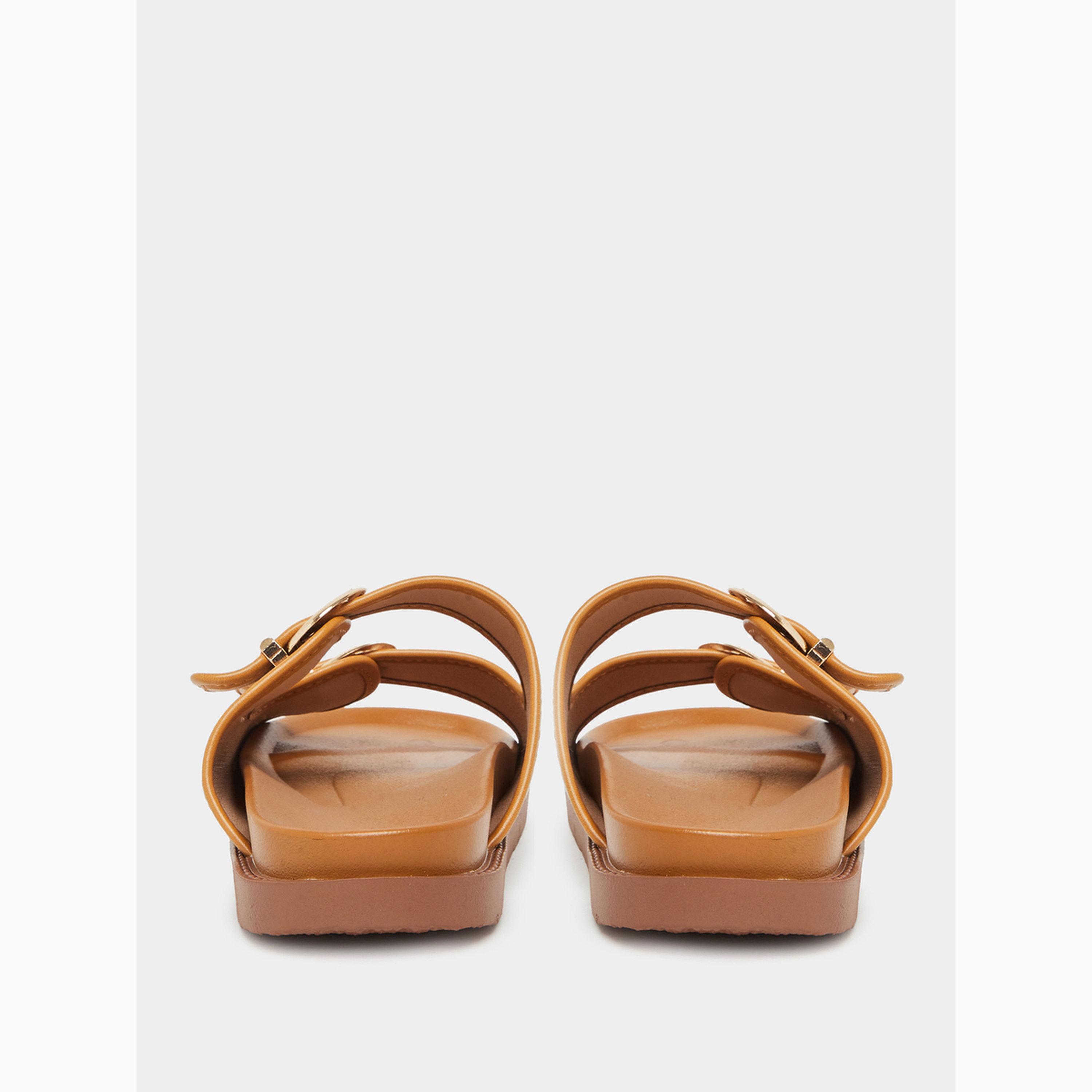 Styli Tan Double Buckle Flat Mule Sandals-women-shoes-sandals-flats-image-5