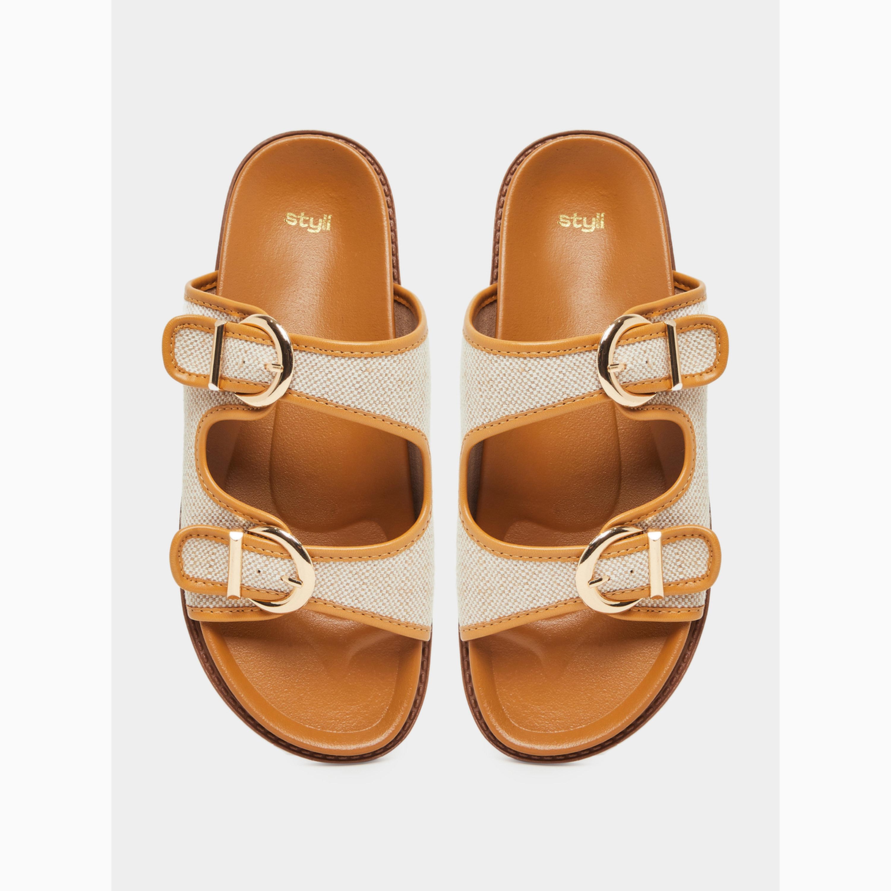 Styli Tan Double Buckle Flat Mule Sandals-women-shoes-sandals-flats-image-6