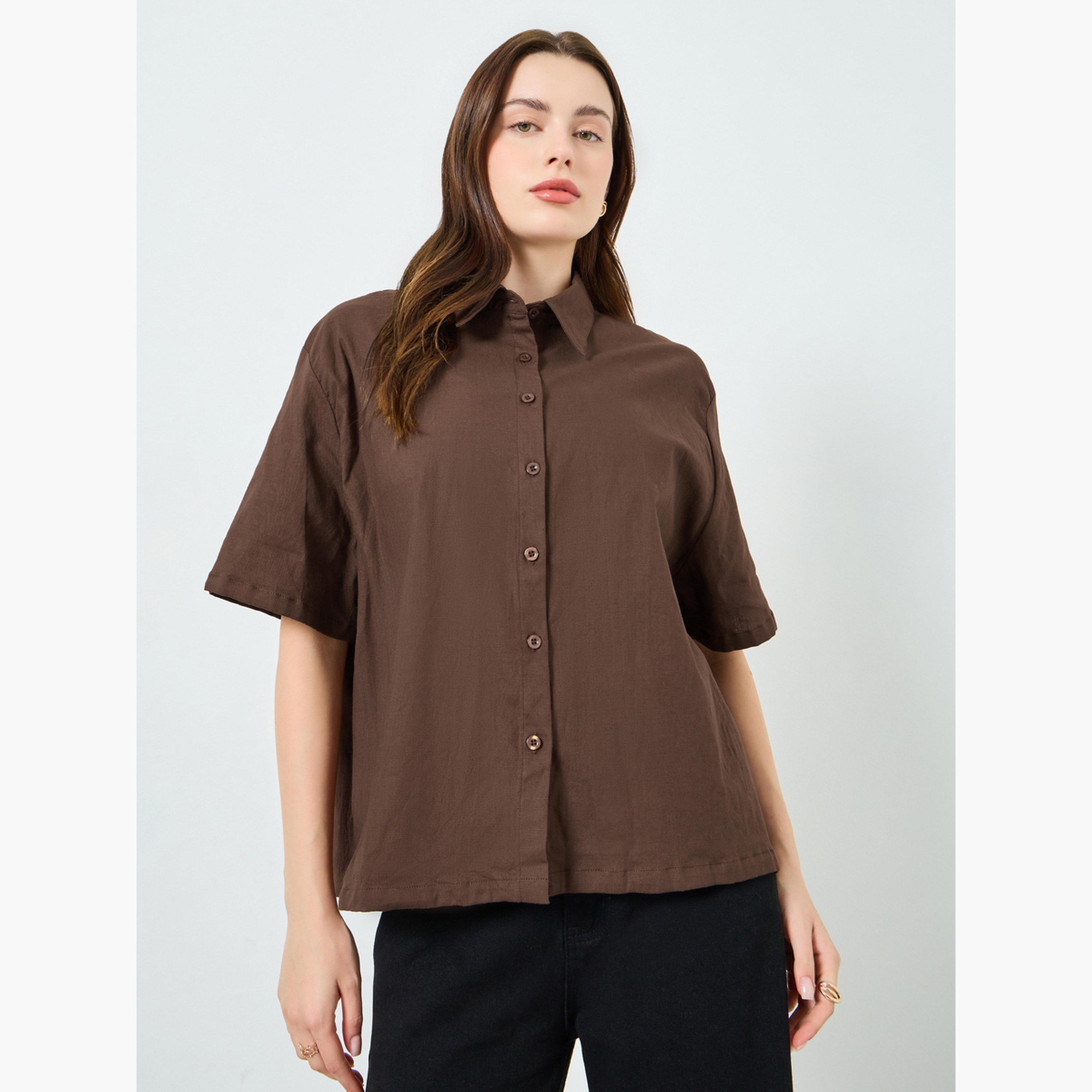 Styli Women Solid Oversized Short Sleeve Shirt-women-clothing-shirtsandblouses-shirts-image-1