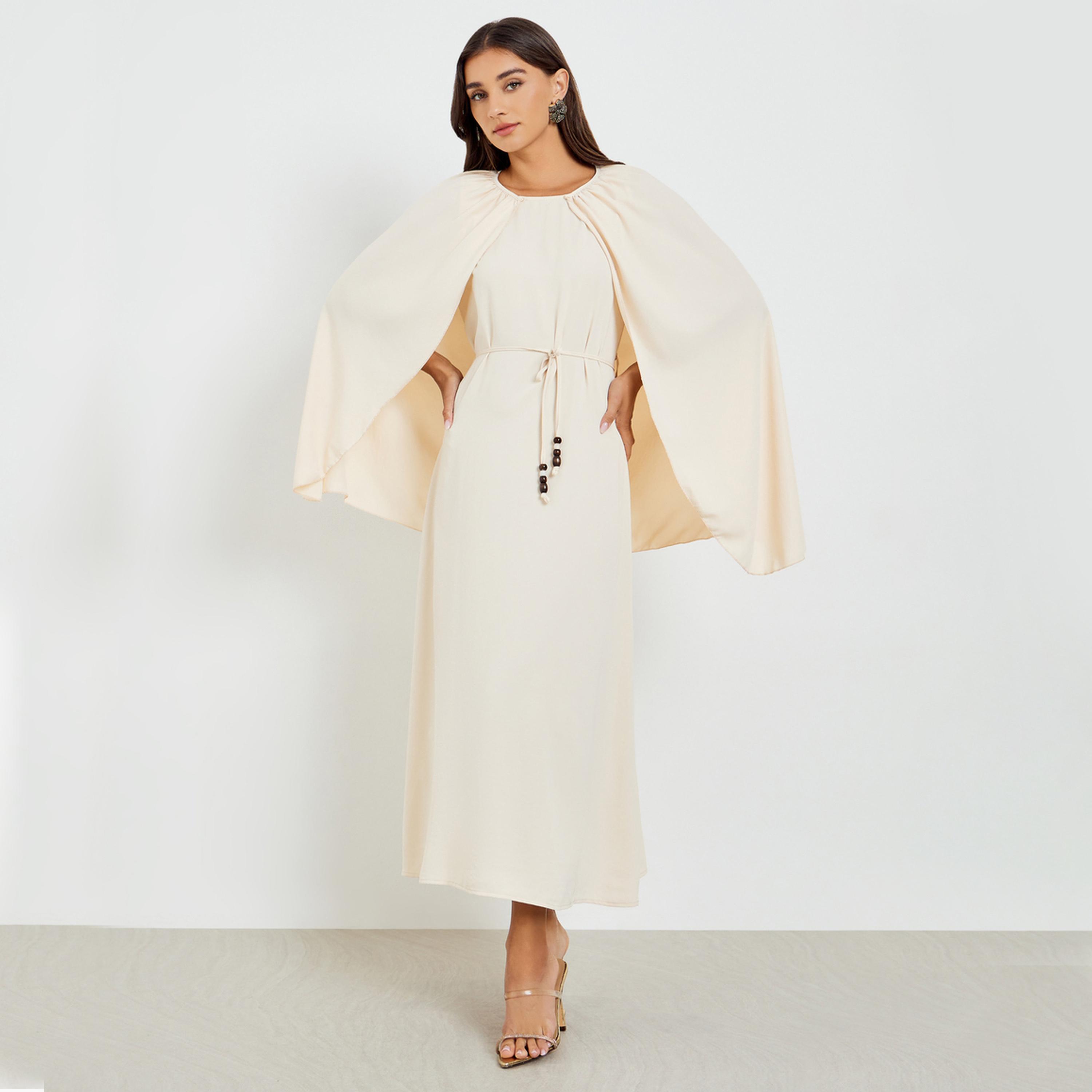 Styli Beige Sleeveless Maxi Dress with Cape Detail-women-clothing-dresses-image-1