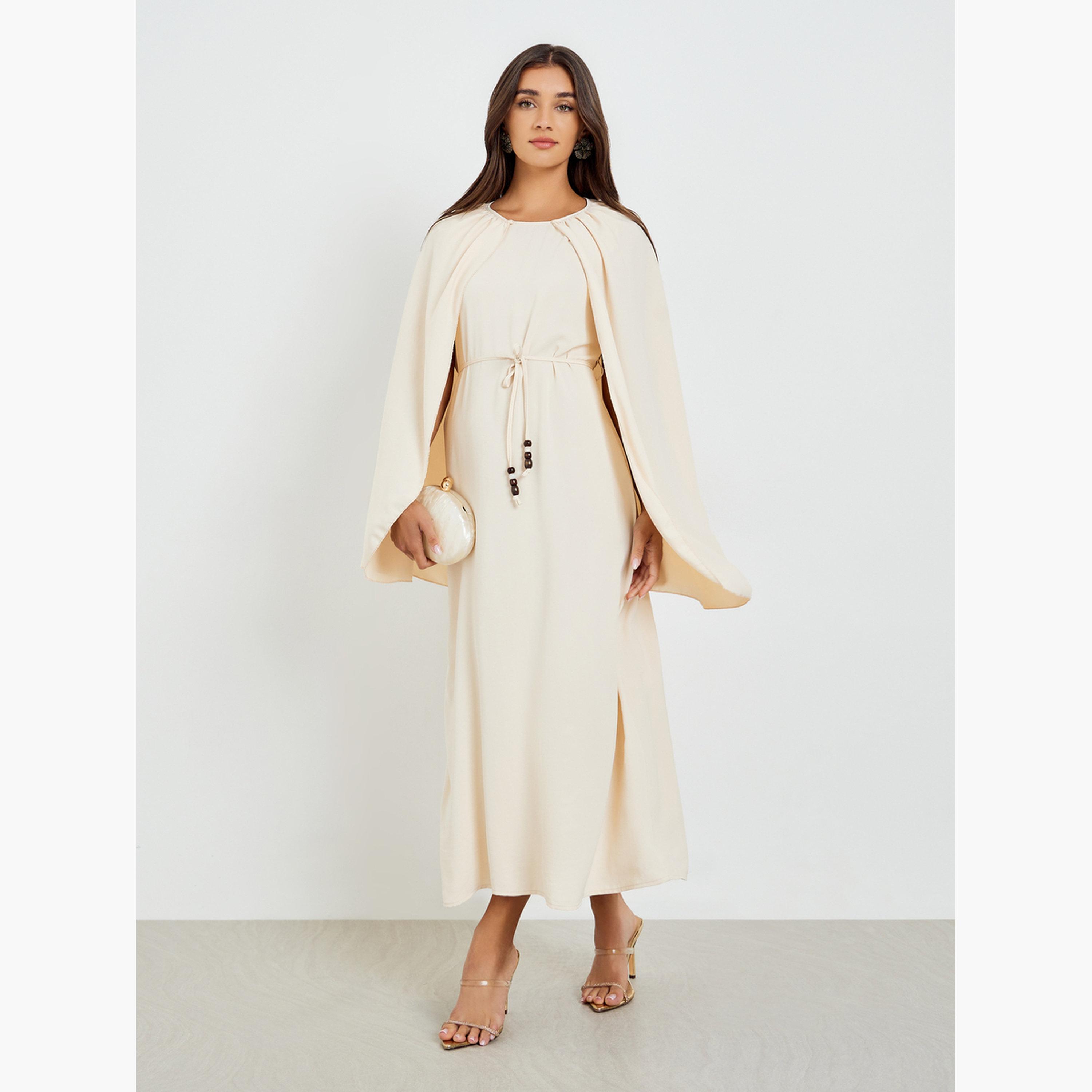Styli Beige Sleeveless Maxi Dress with Cape Detail-women-clothing-dresses-image-2