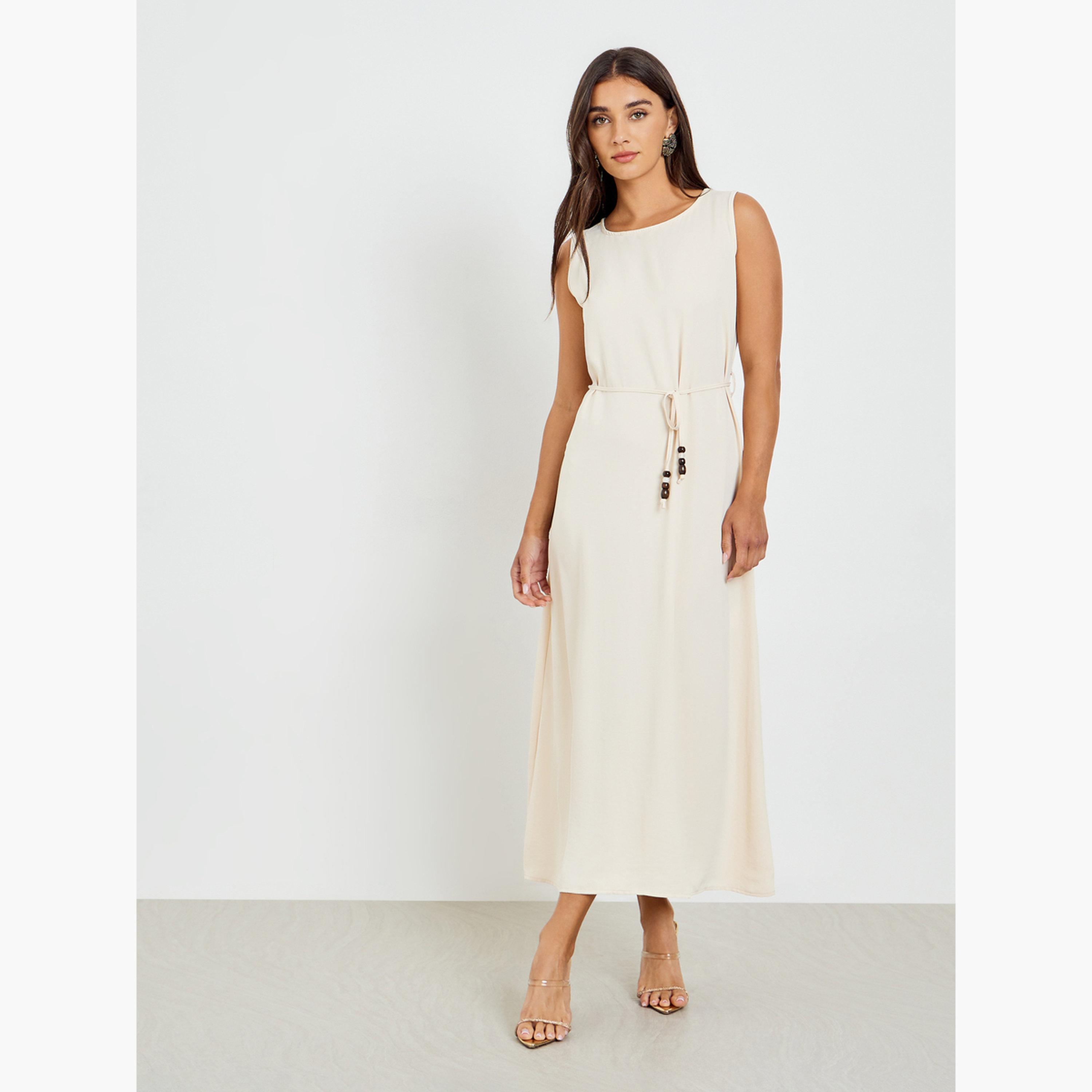 Styli Beige Sleeveless Maxi Dress with Cape Detail-women-clothing-dresses-image-3