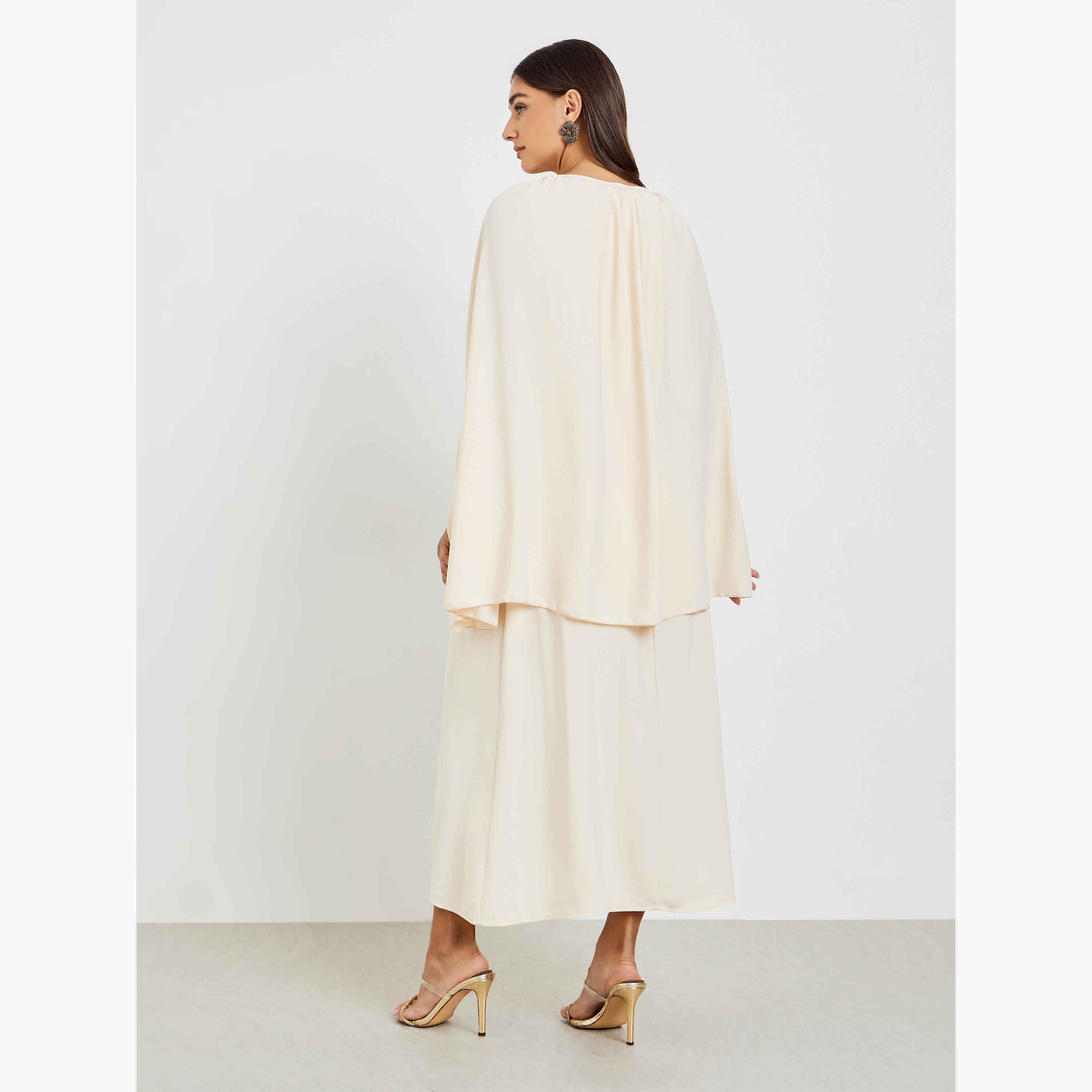 Styli Beige Sleeveless Maxi Dress with Cape Detail-women-clothing-dresses-image-4