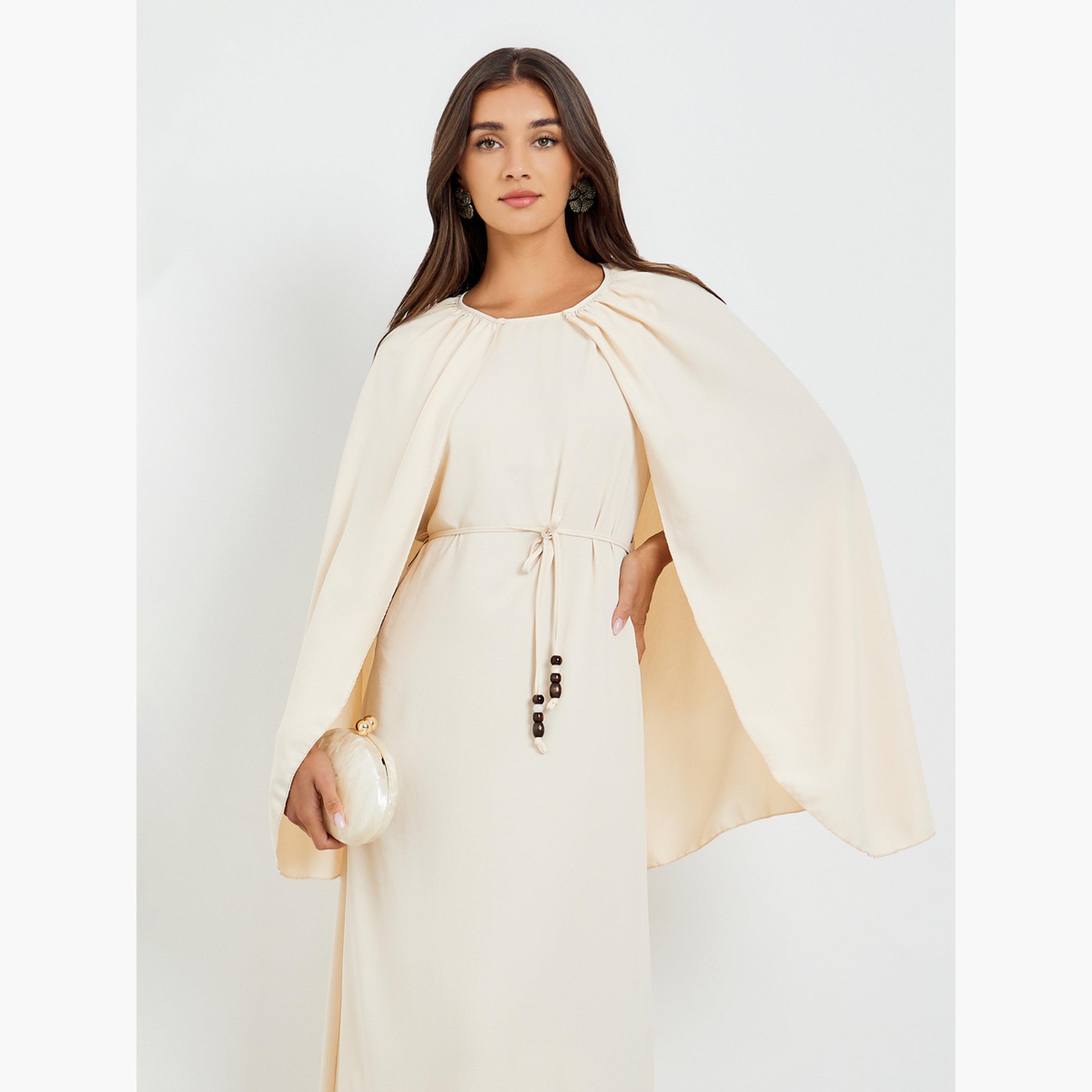 Styli Beige Sleeveless Maxi Dress with Cape Detail-women-clothing-dresses-image-5
