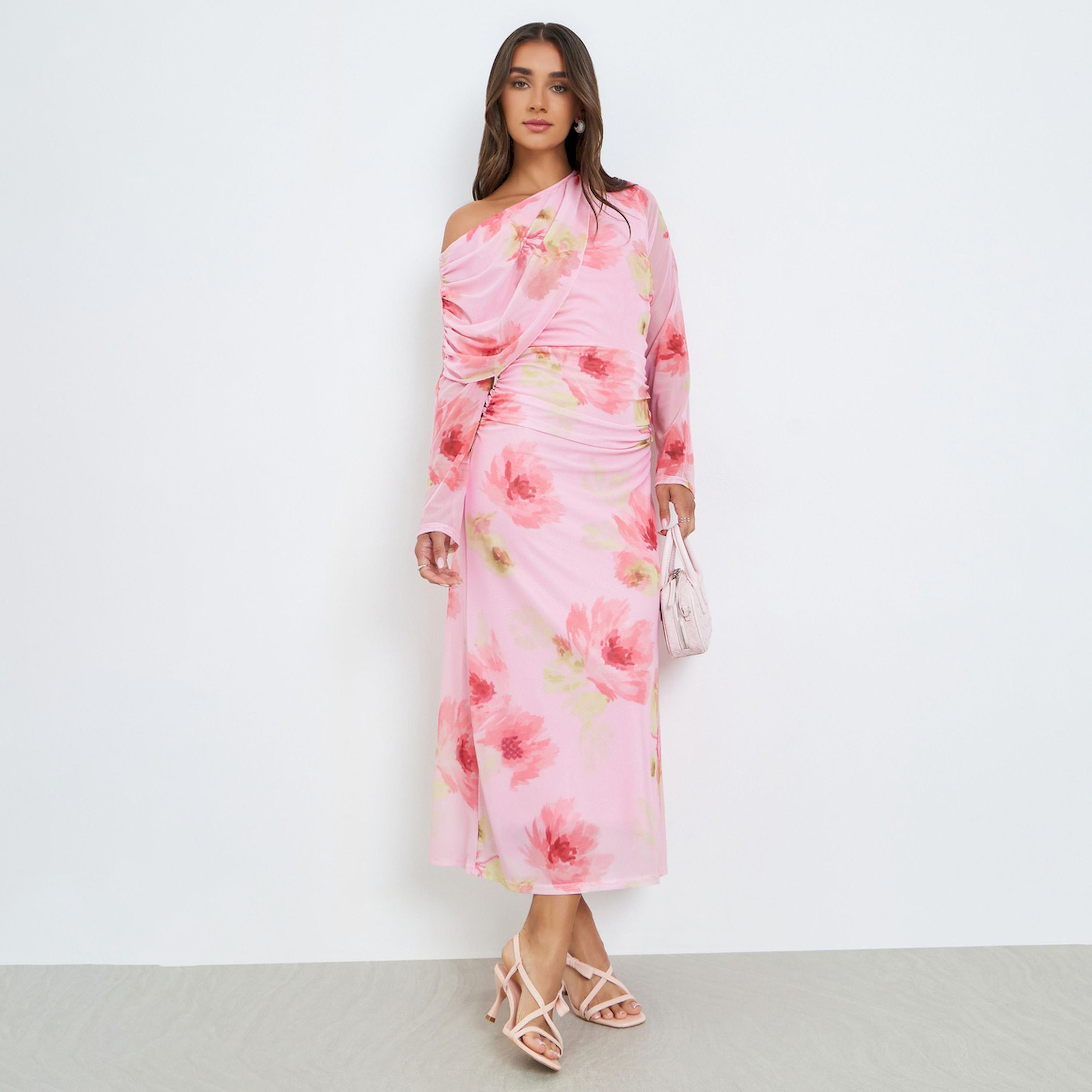 Styli Women Pink Floral Print One Shoulder Midi Dress-women-clothing-dresses-image-1