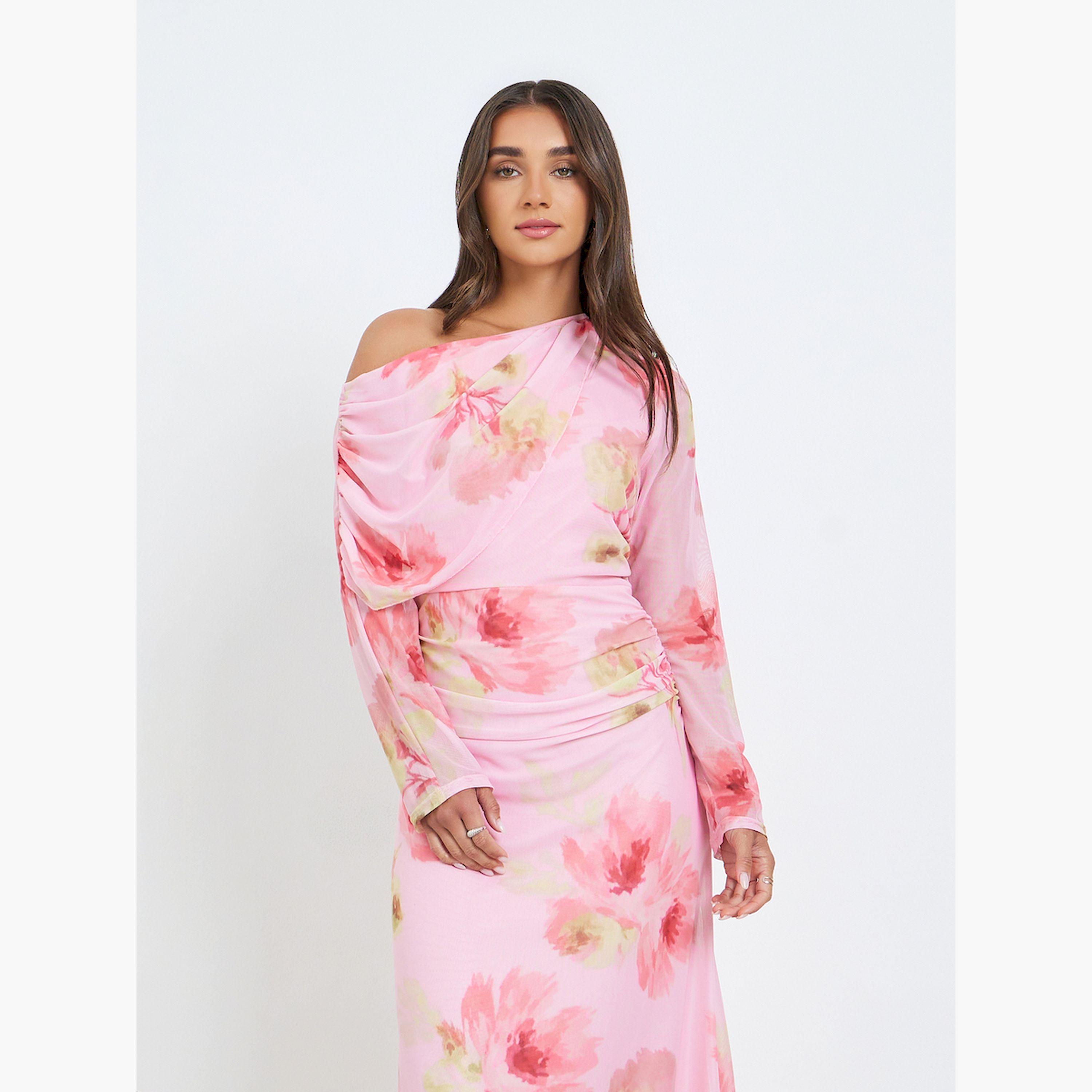 Styli Women Pink Floral Print One Shoulder Midi Dress-women-clothing-dresses-image-2