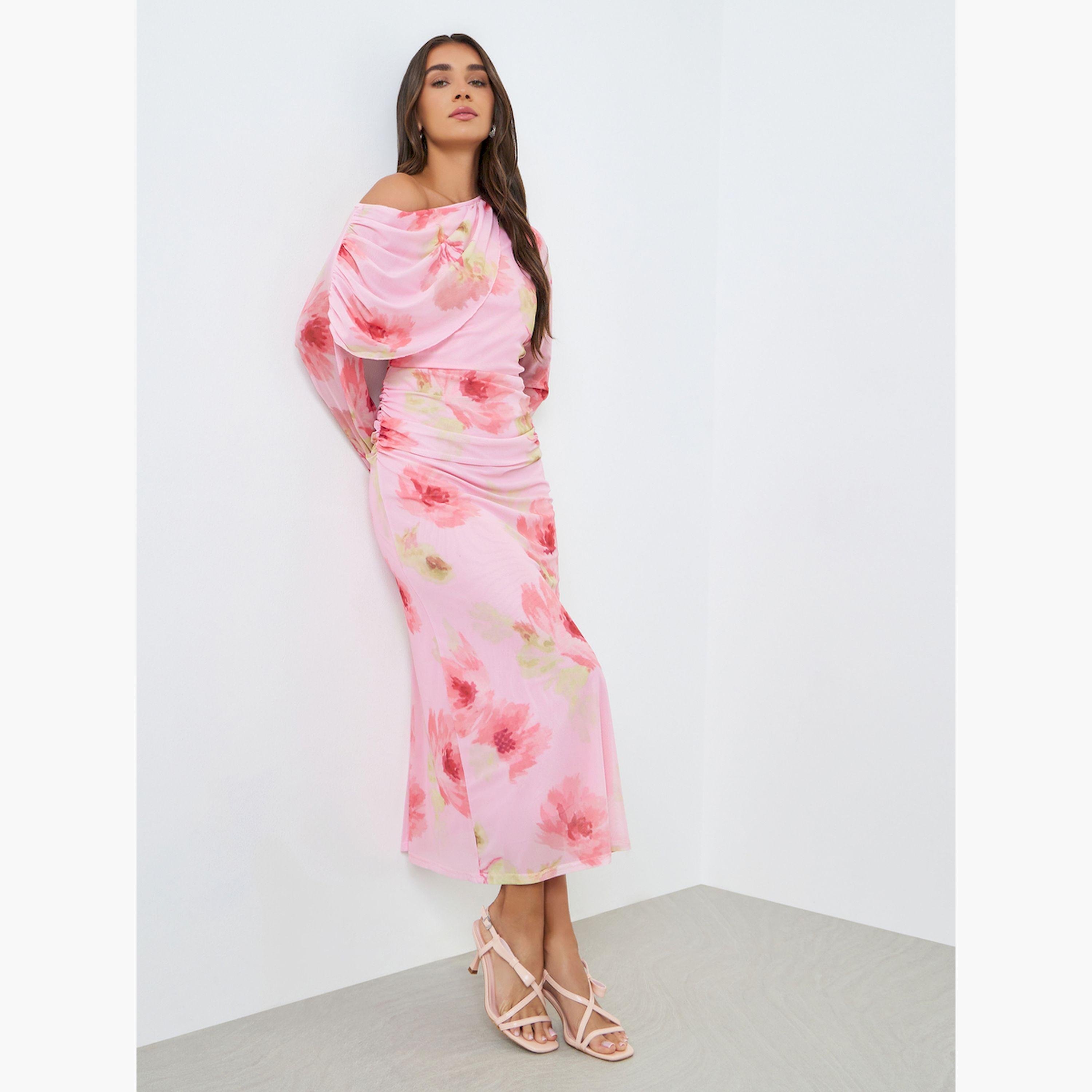 Styli Women Pink Floral Print One Shoulder Midi Dress-women-clothing-dresses-image-3