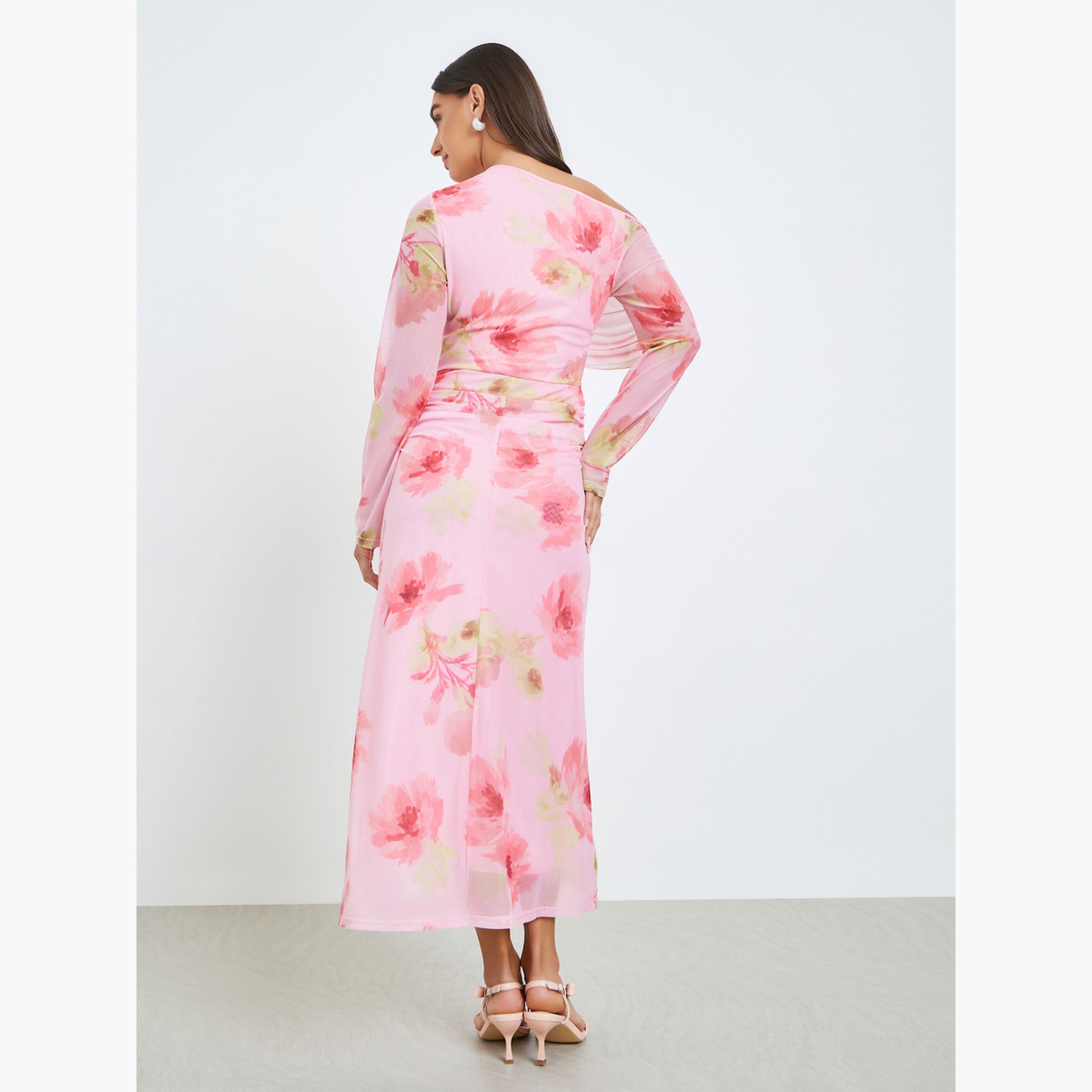 Styli Women Pink Floral Print One Shoulder Midi Dress-women-clothing-dresses-image-4