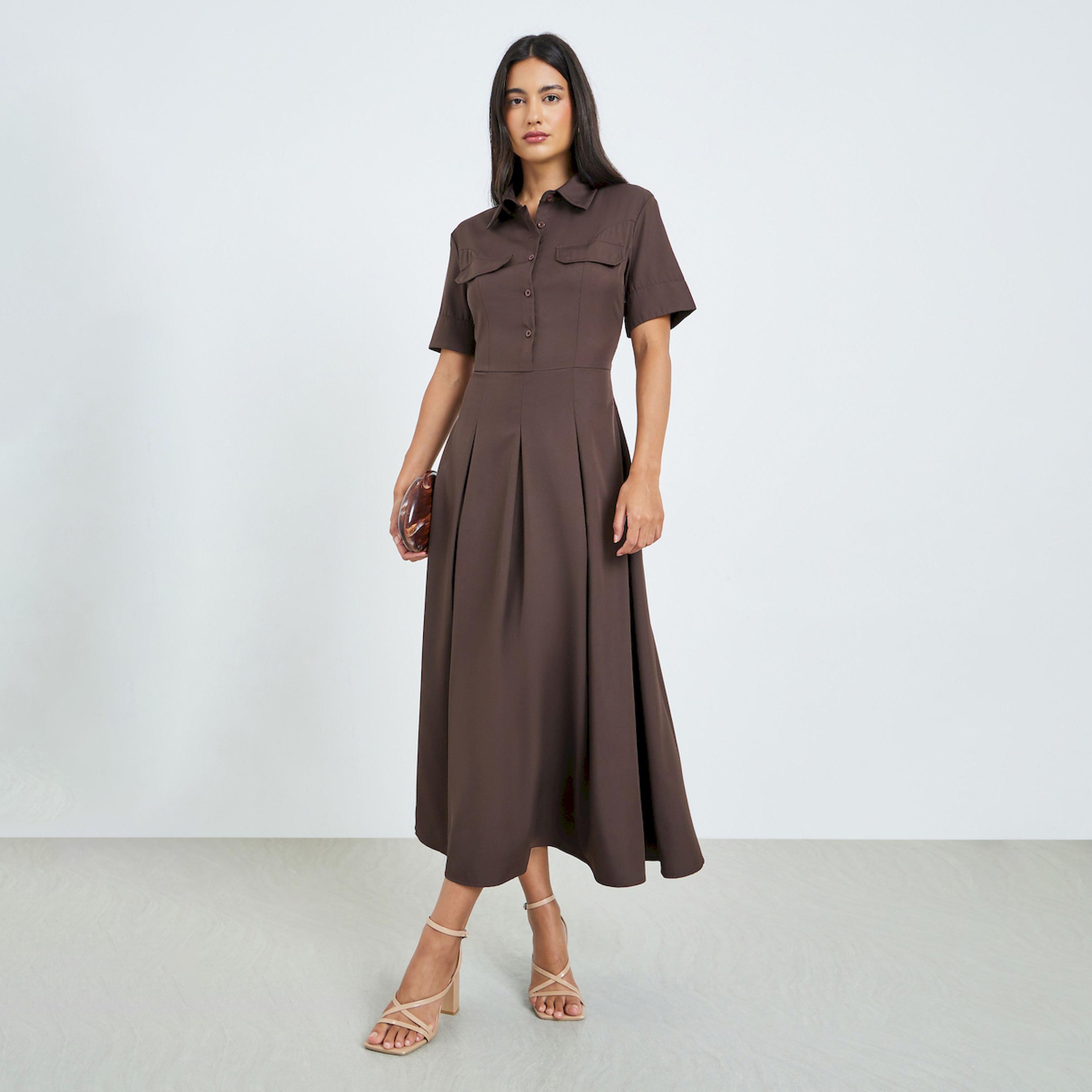 Styli Brown Buttoned A-Line Shirt Midi Dress-women-clothing-dresses-image-1