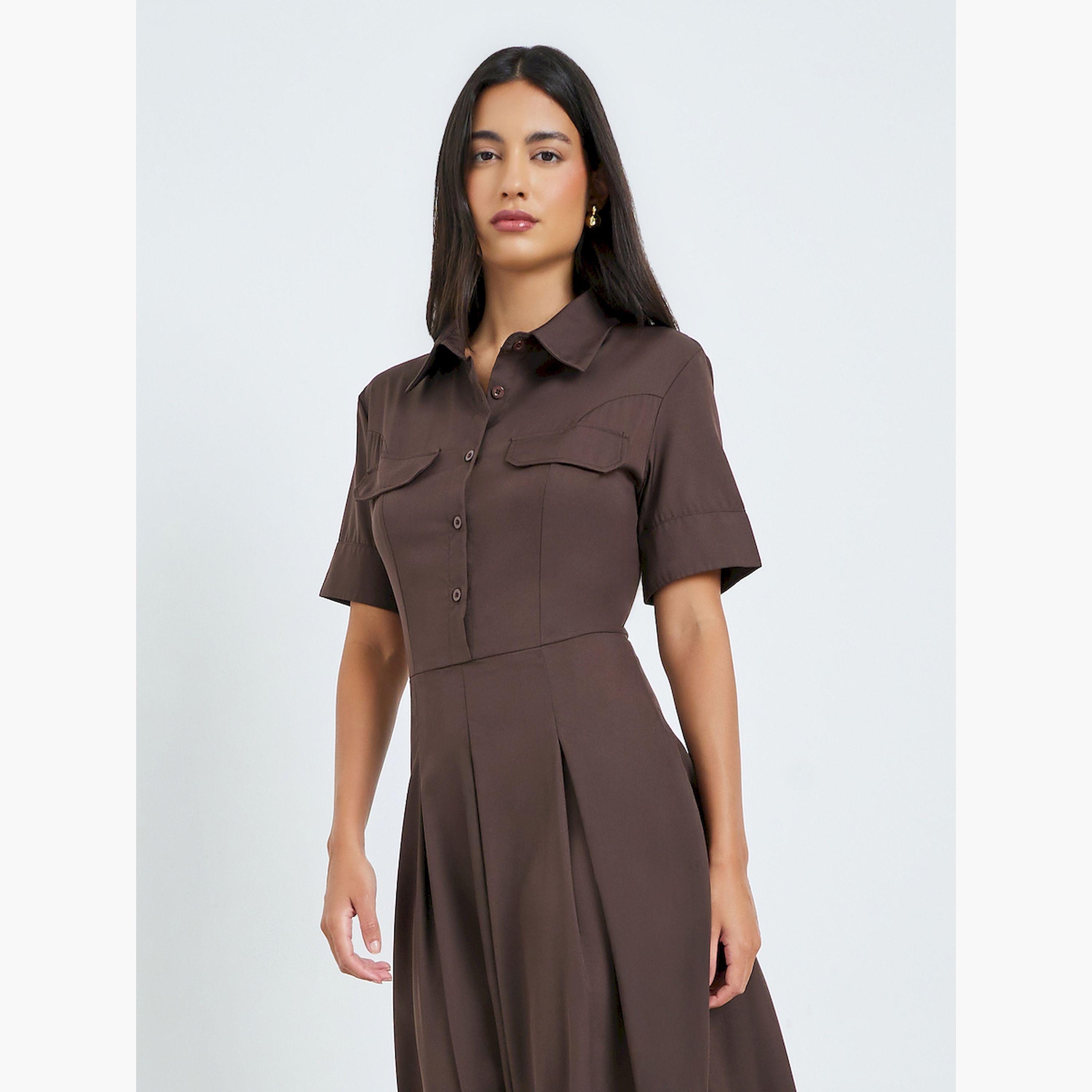 Styli Brown Buttoned A-Line Shirt Midi Dress-women-clothing-dresses-image-2