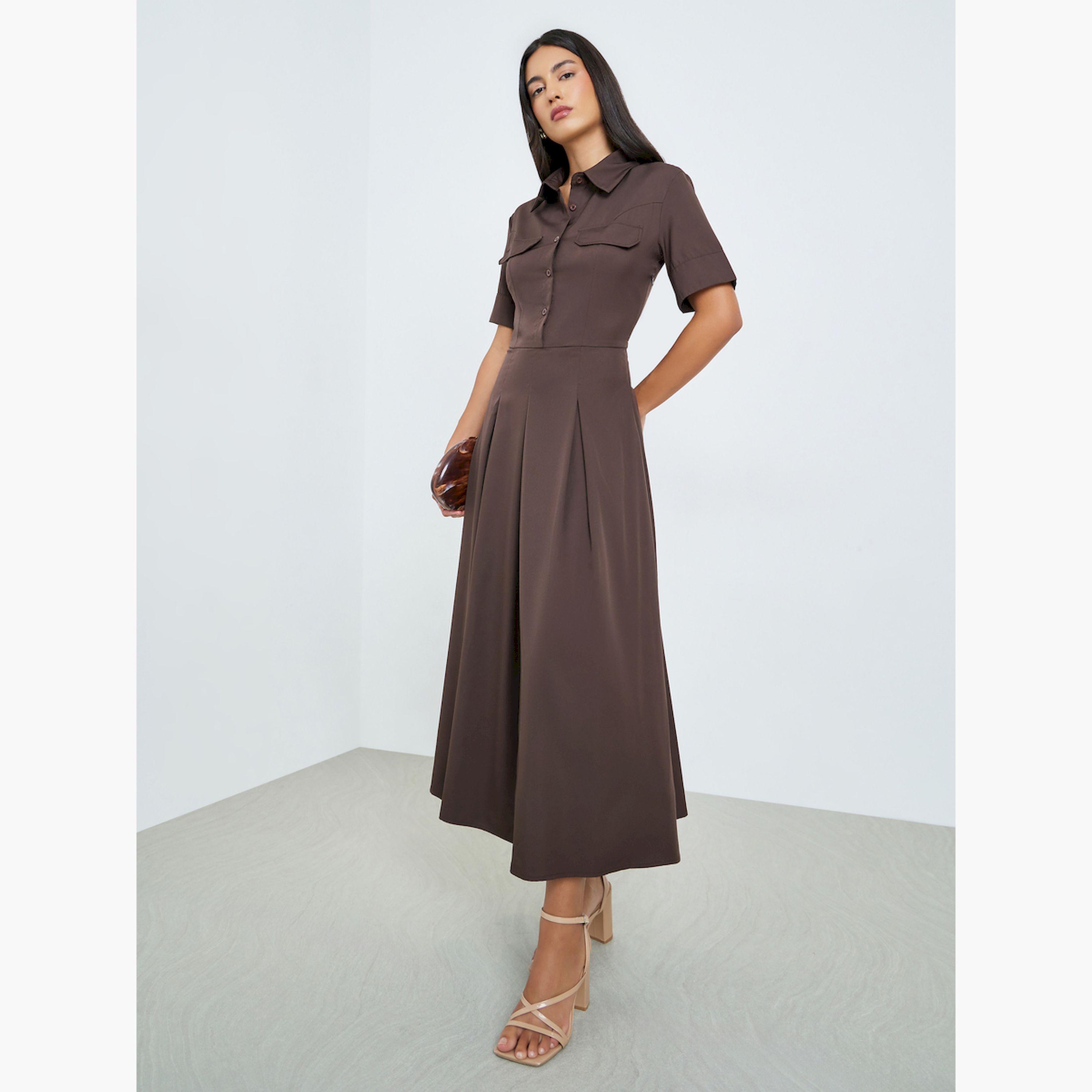 فستان ميدي بنمط قميص بحافة واسعة وأزرار-women-clothing-dresses-image-3