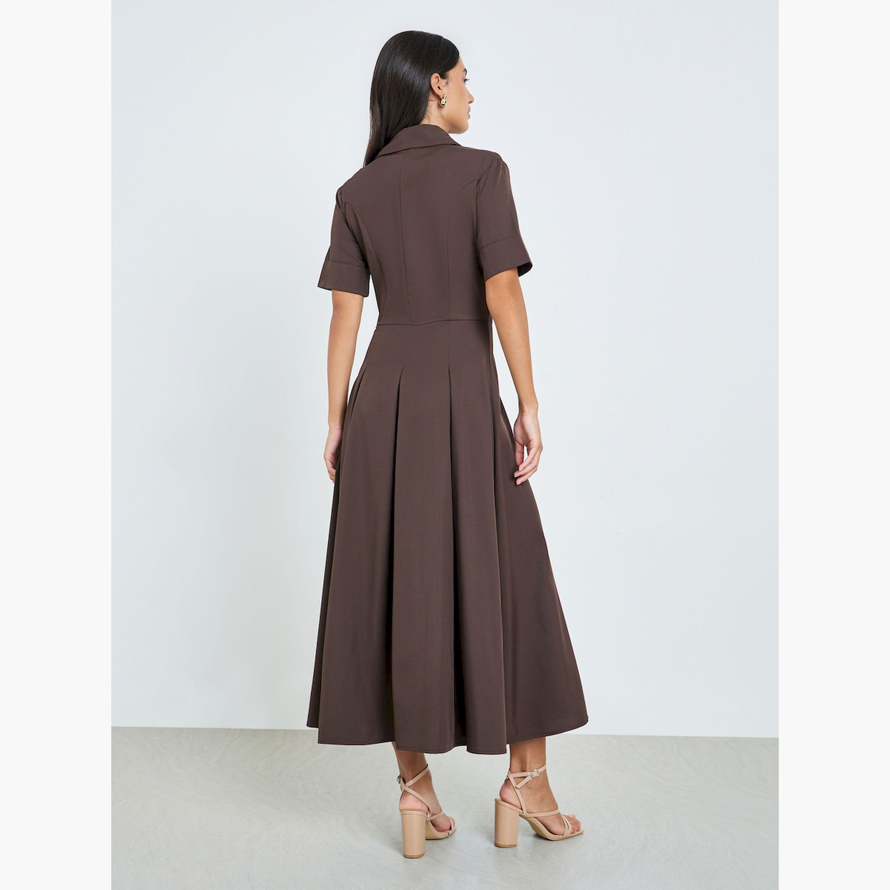 Styli Brown Buttoned A-Line Shirt Midi Dress-women-clothing-dresses-image-5