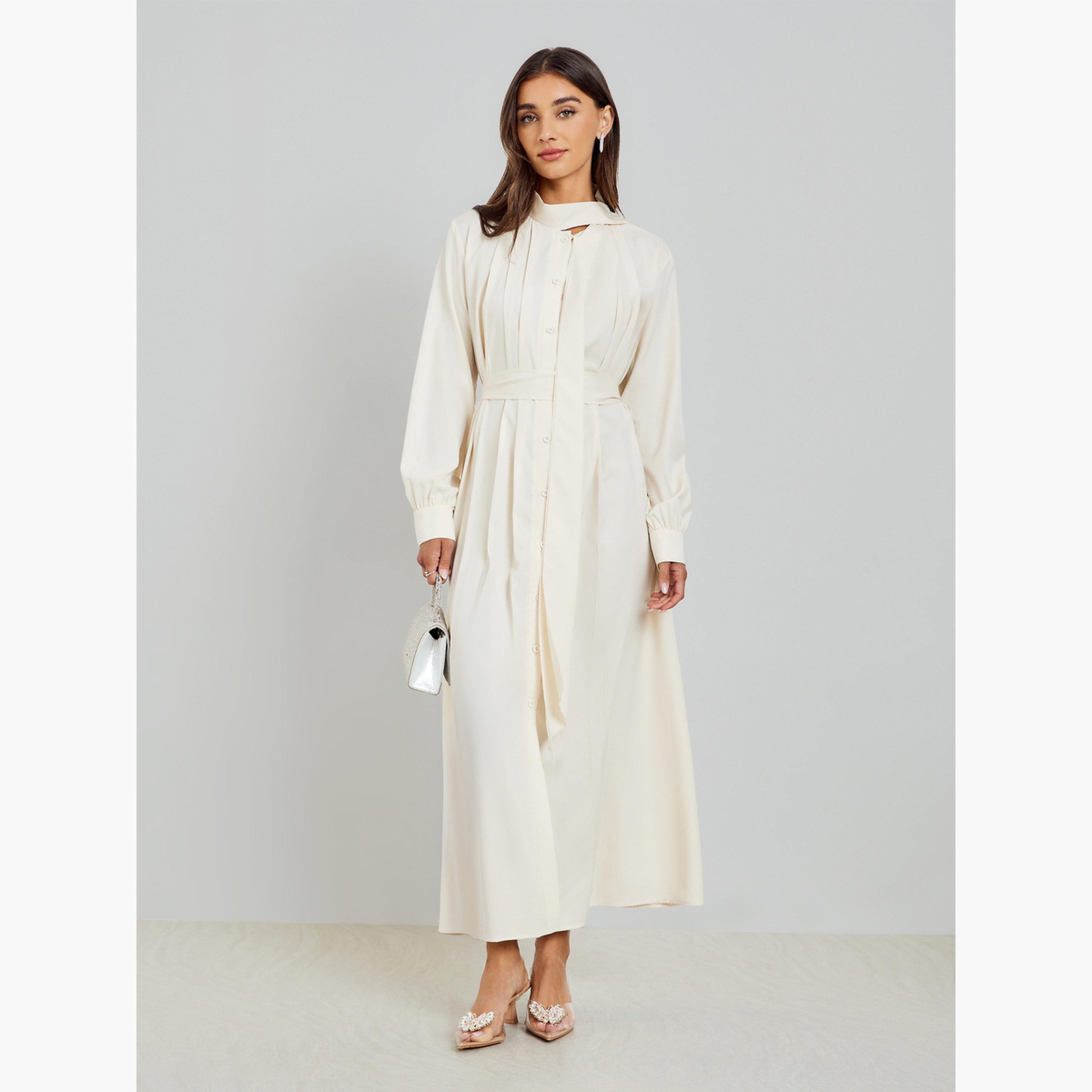 فستان طويل بطيات وتفاصيل رباط-women-clothing-dresses-image-1