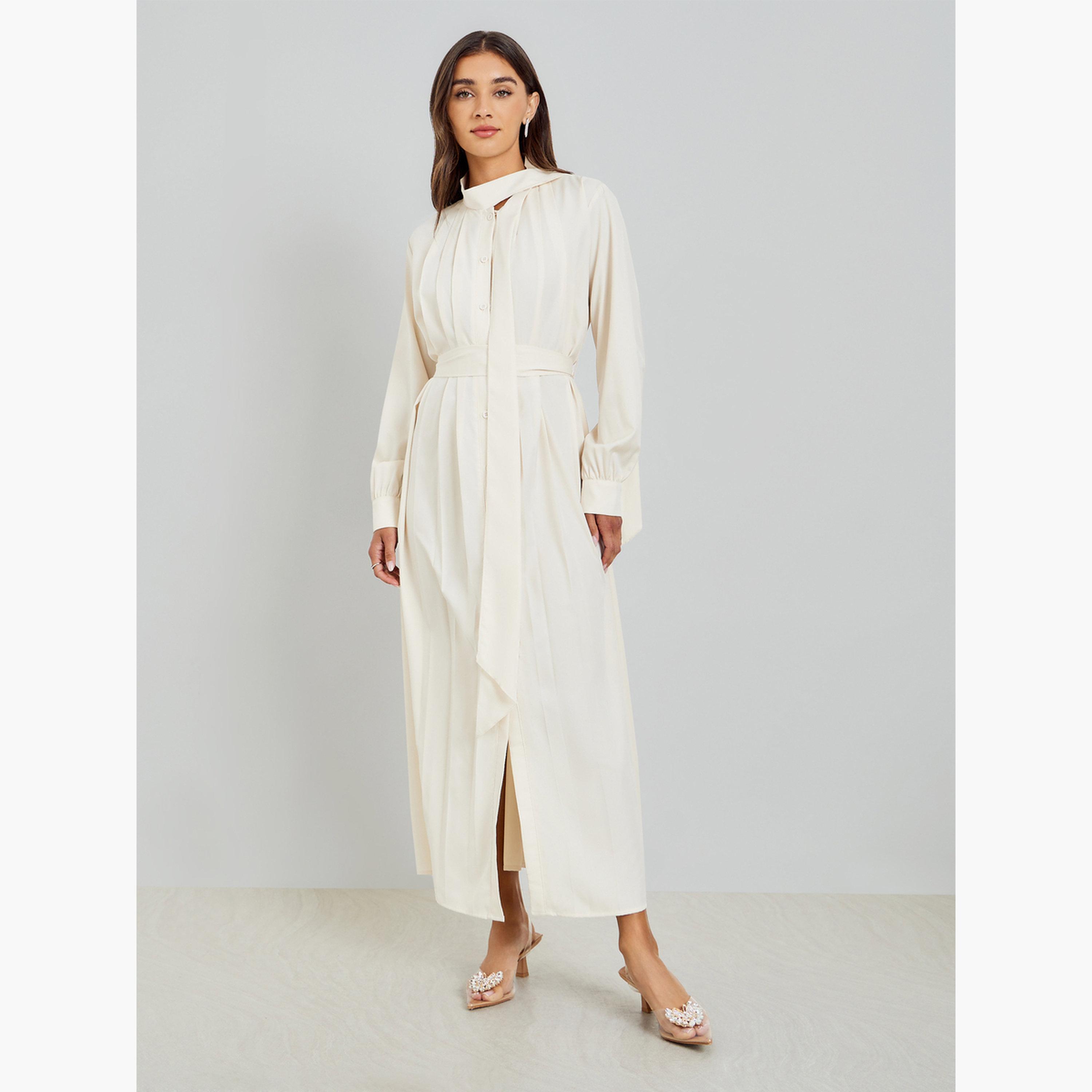 فستان طويل بطيات وتفاصيل رباط-women-clothing-dresses-image-2