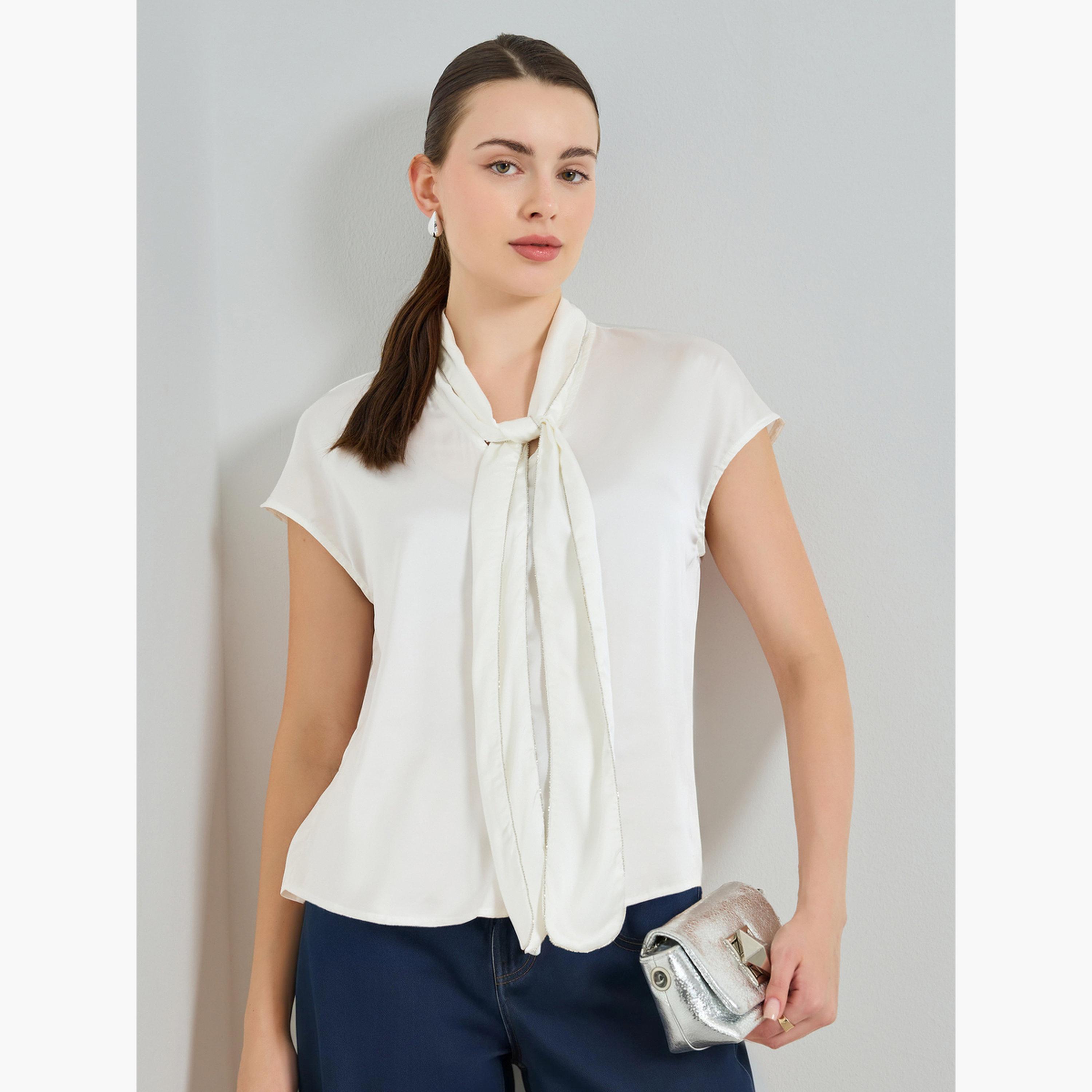 بلوزة ساتان برباط عنق لون أبيضة-women-clothing-shirtsandblouses-blouses-image-1