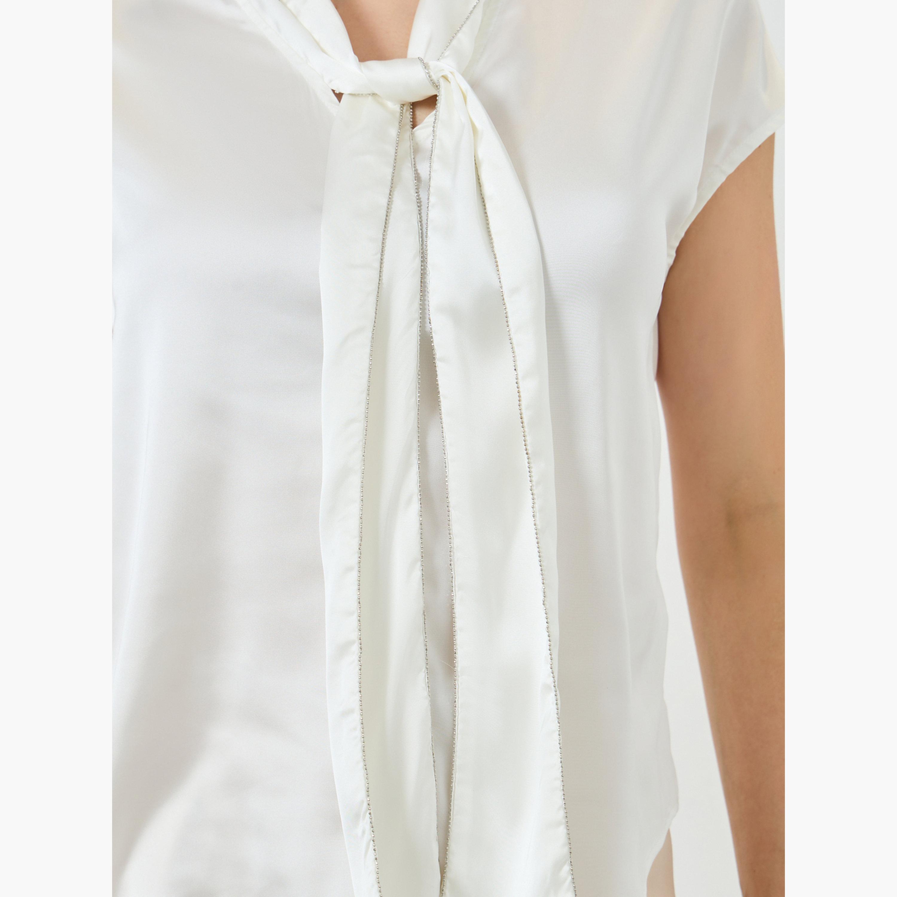 Styli Women White Satin Tie-Neck Blouse-women-clothing-shirtsandblouses-blouses-image-3