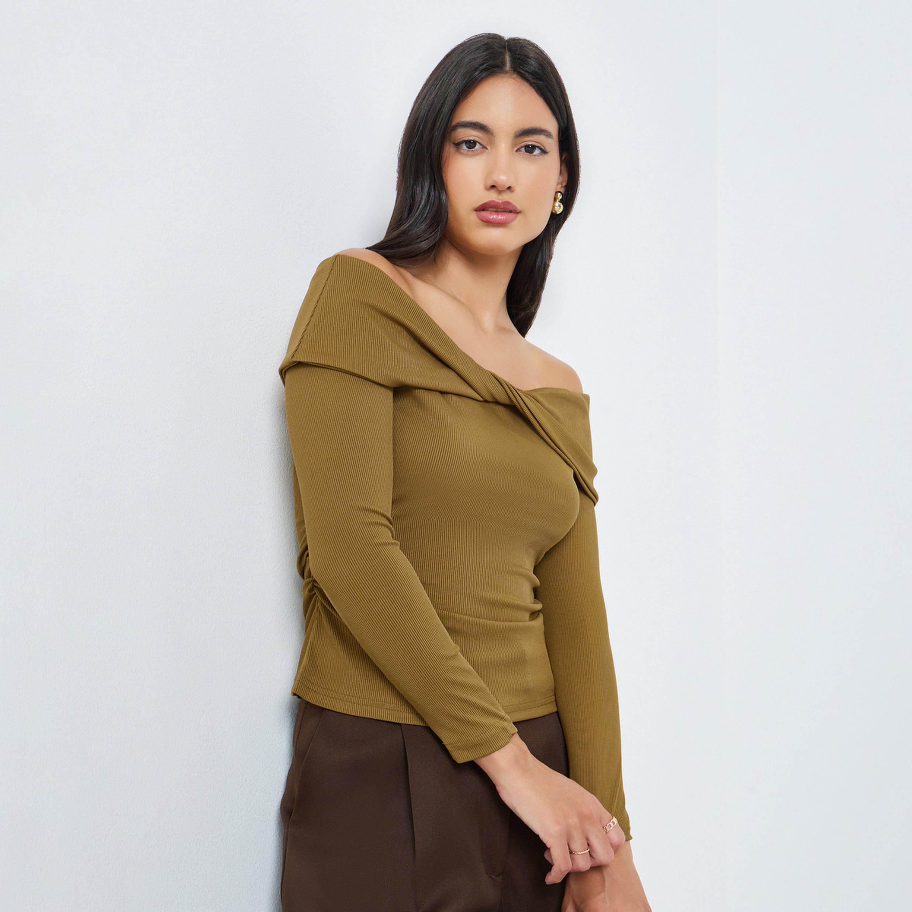 Styli Tan Off-Shoulder Twisted Front Knit Top-women-clothing-shirtsandblouses-blouses-image-1