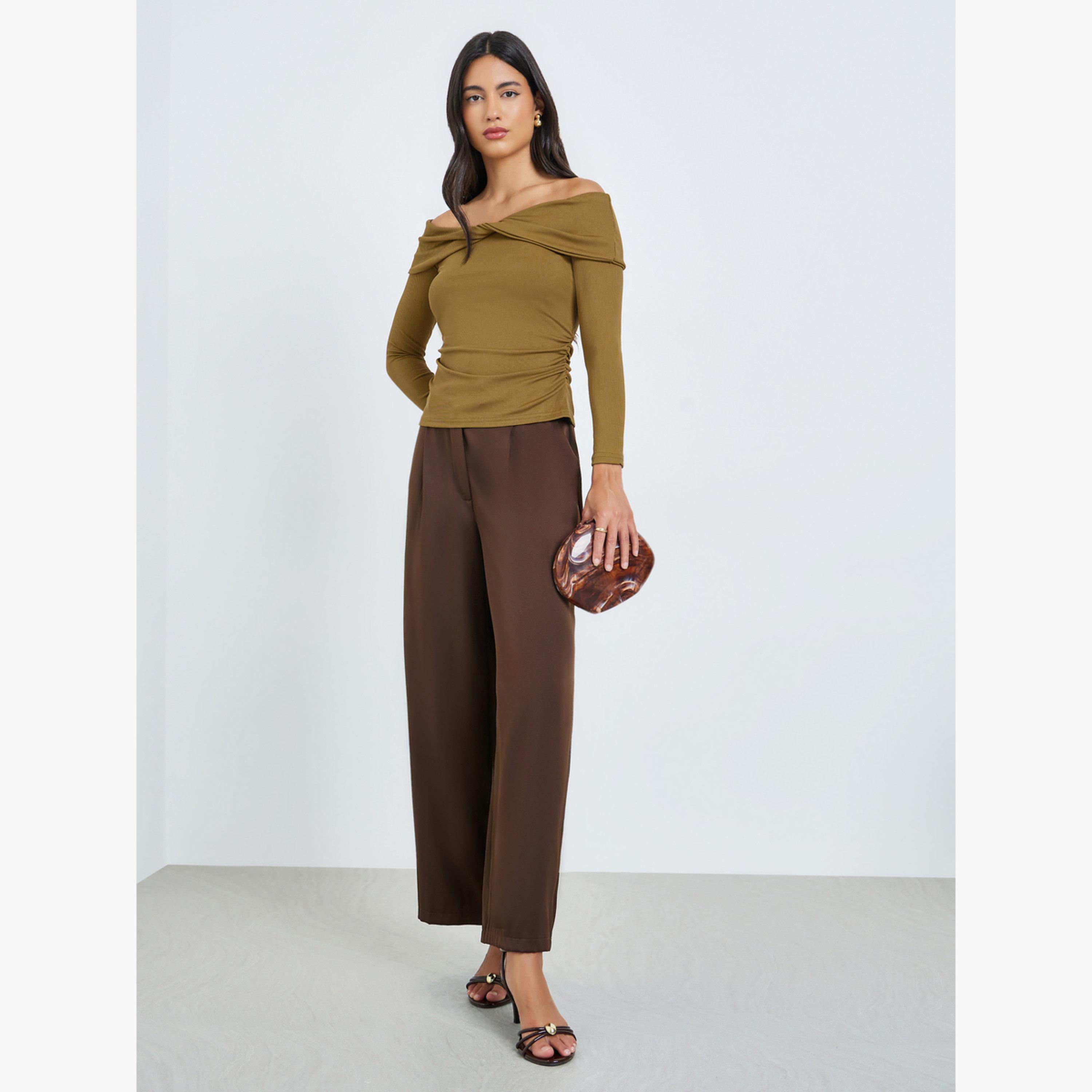 Styli Tan Off-Shoulder Twisted Front Knit Top-women-clothing-shirtsandblouses-blouses-image-2