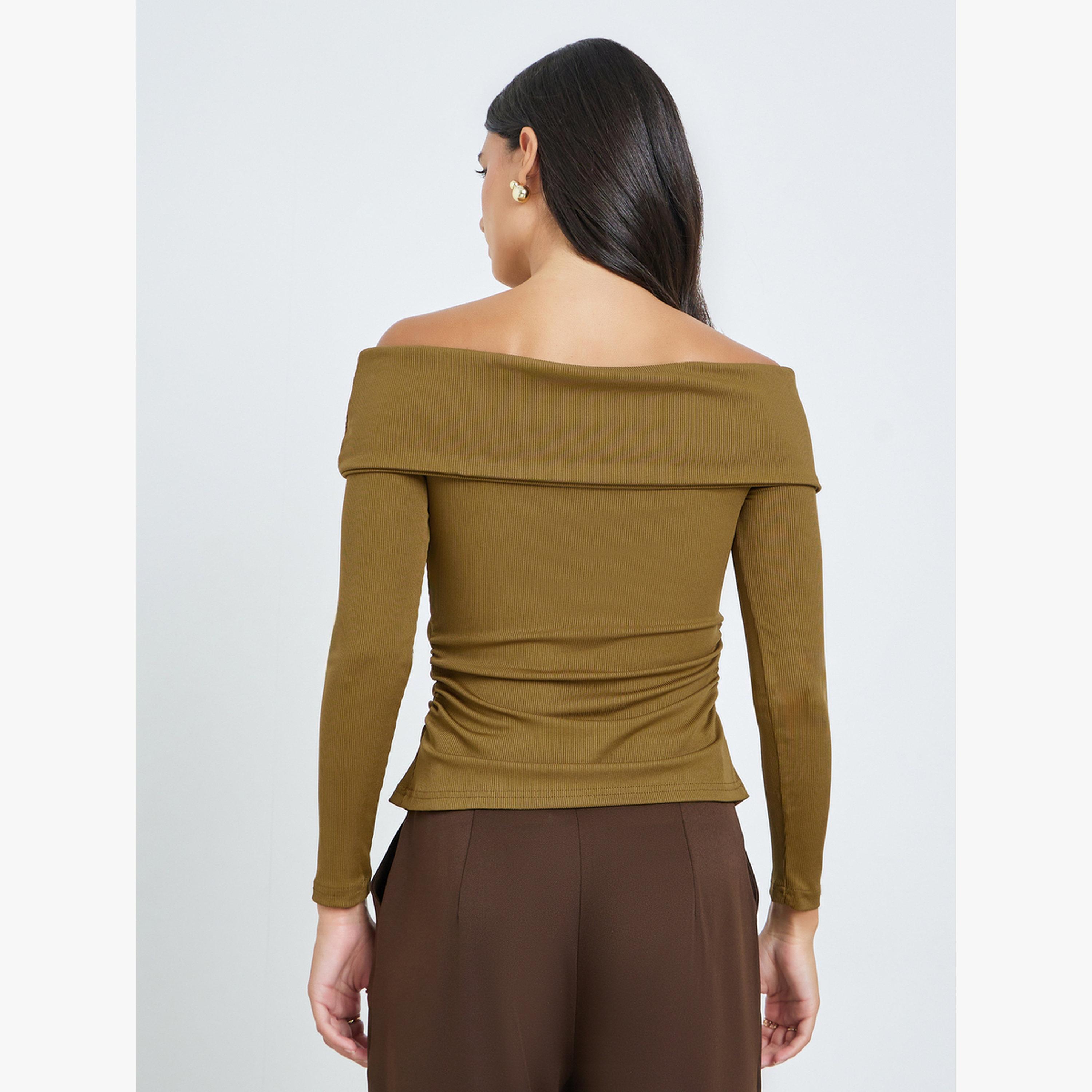 Styli Tan Off-Shoulder Twisted Front Knit Top-women-clothing-shirtsandblouses-blouses-image-3