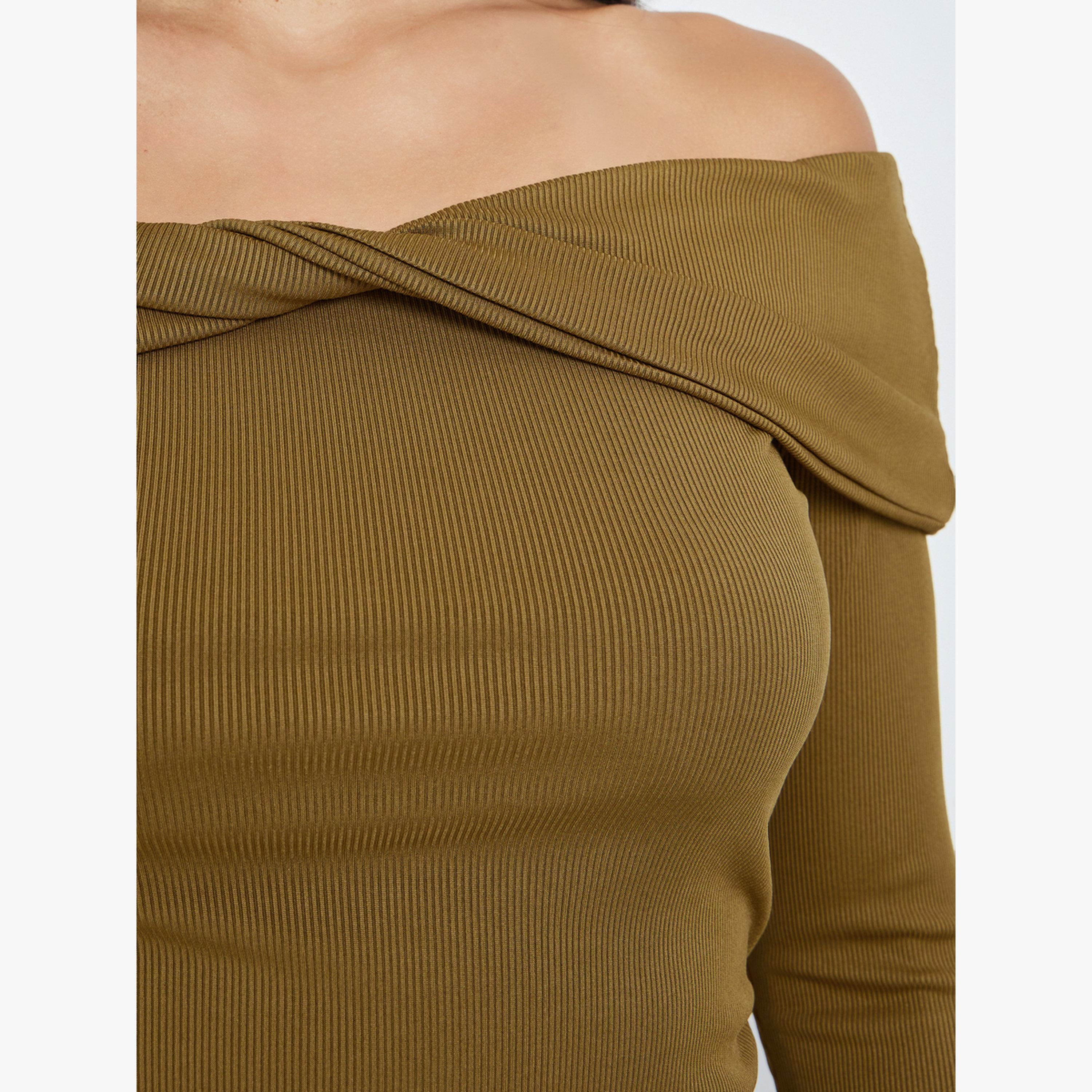 Styli Tan Off-Shoulder Twisted Front Knit Top-women-clothing-shirtsandblouses-blouses-image-4