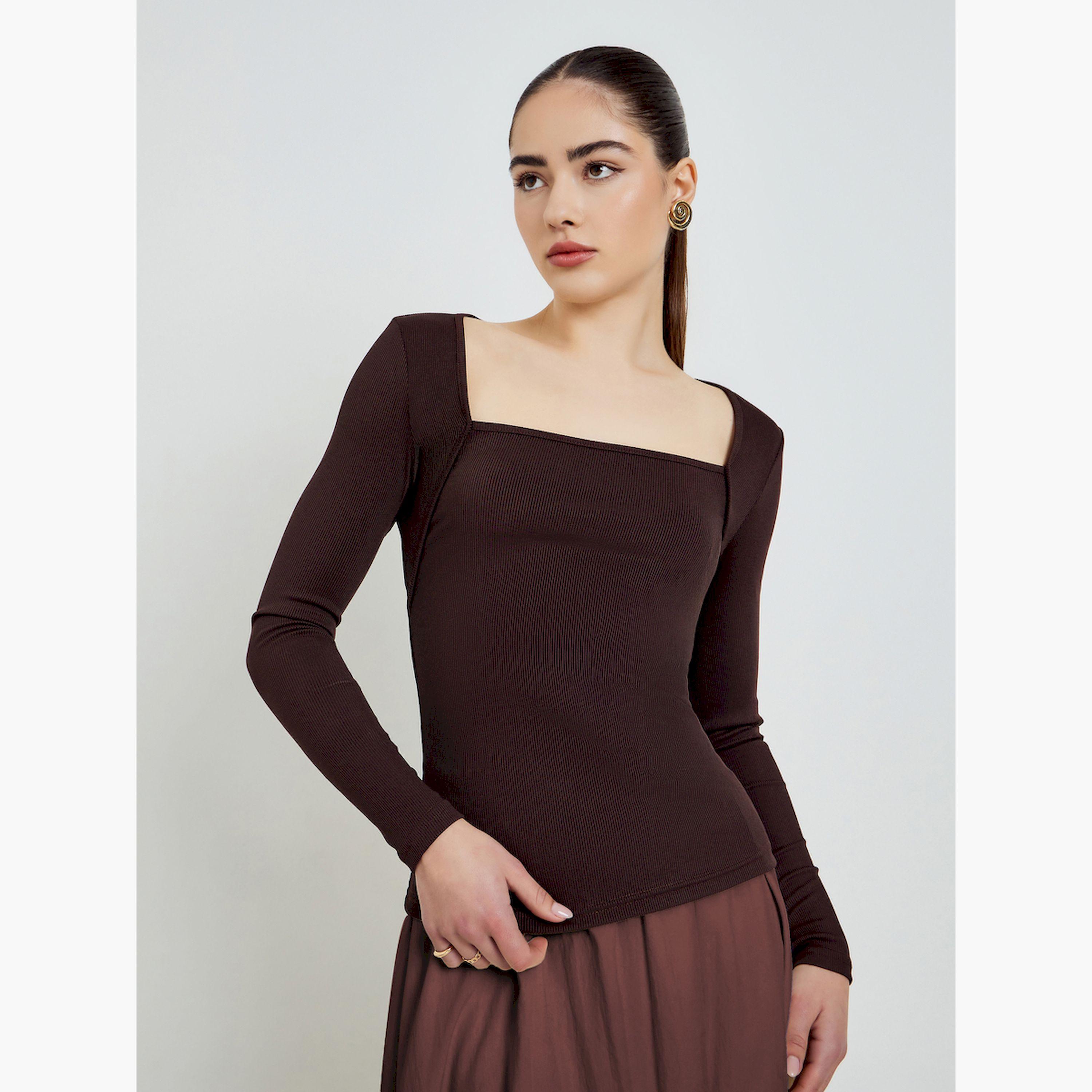 بلوزة محبوكة بياقة مربعة وأكمام طويلة-women-clothing-tshirts-image-1