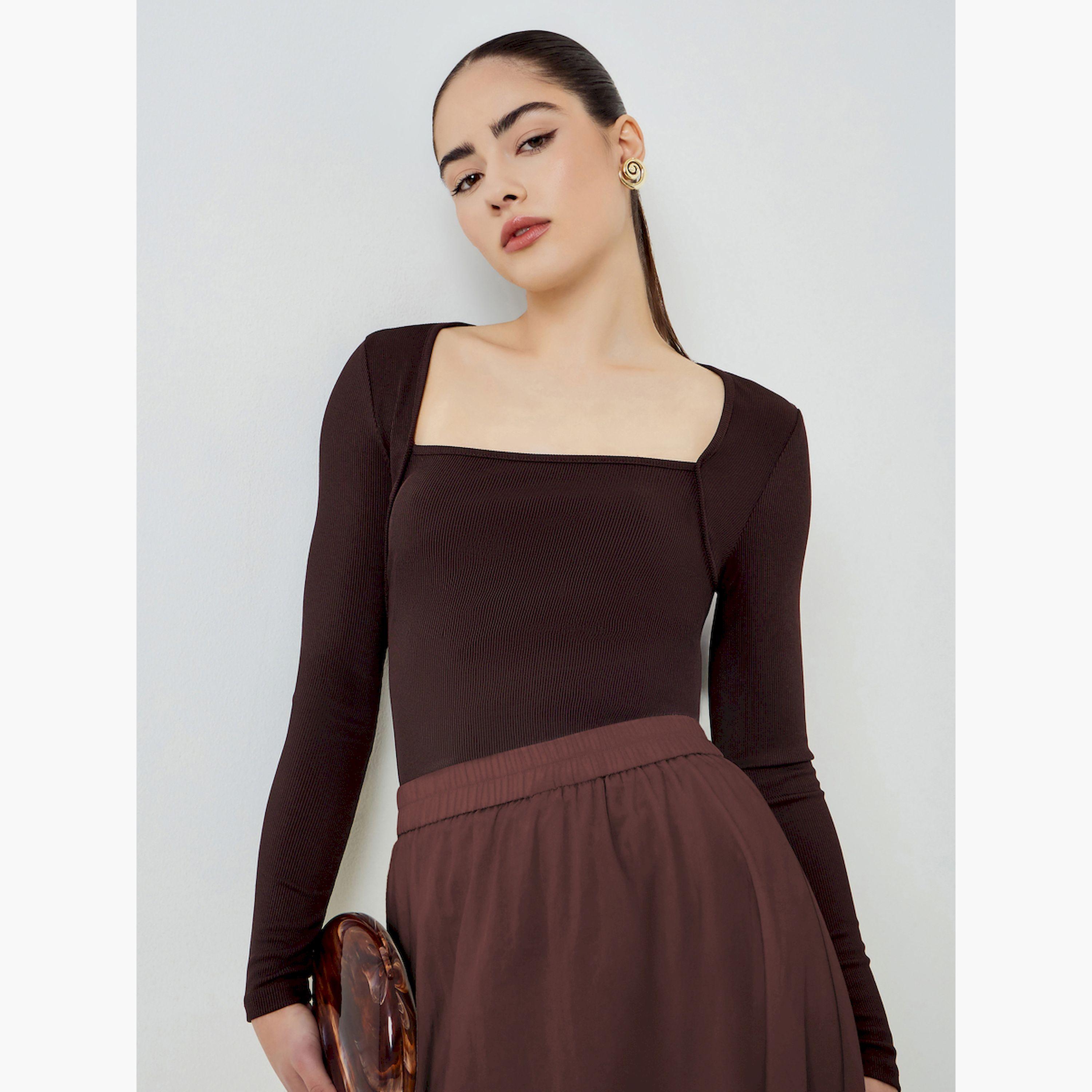 Styli Brown Square Neck Long Sleeve Knit Tops-women-clothing-tshirts-image-3