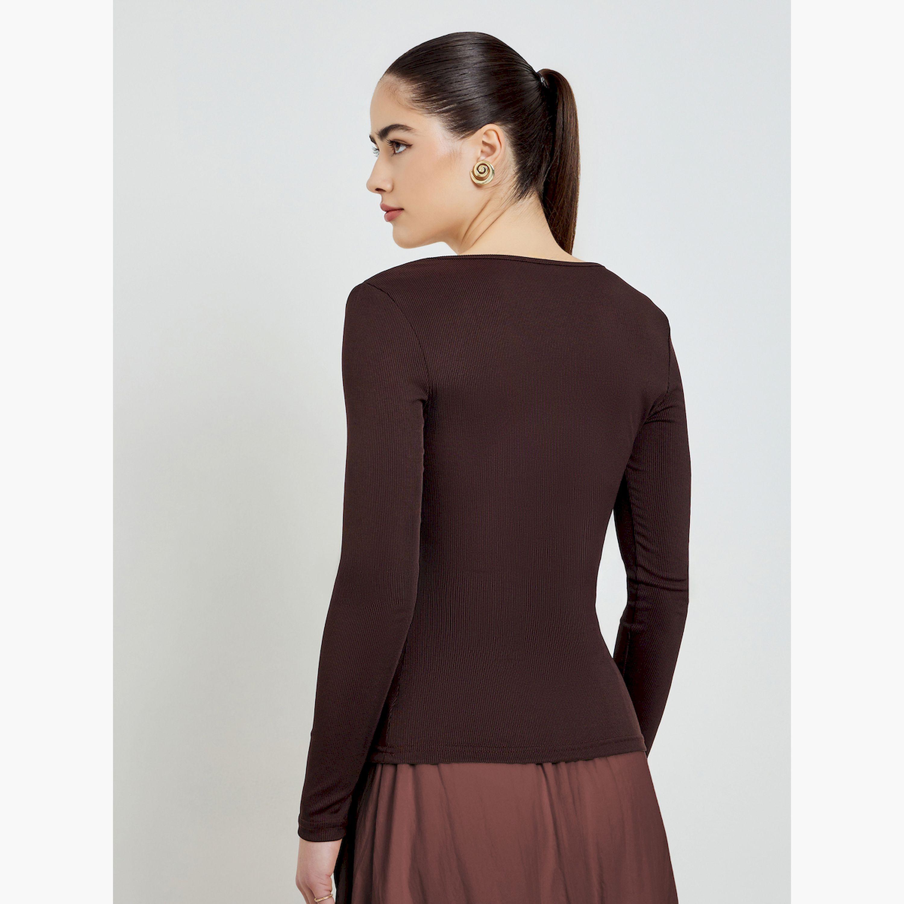 Styli Brown Square Neck Long Sleeve Knit Tops-women-clothing-tshirts-image-4