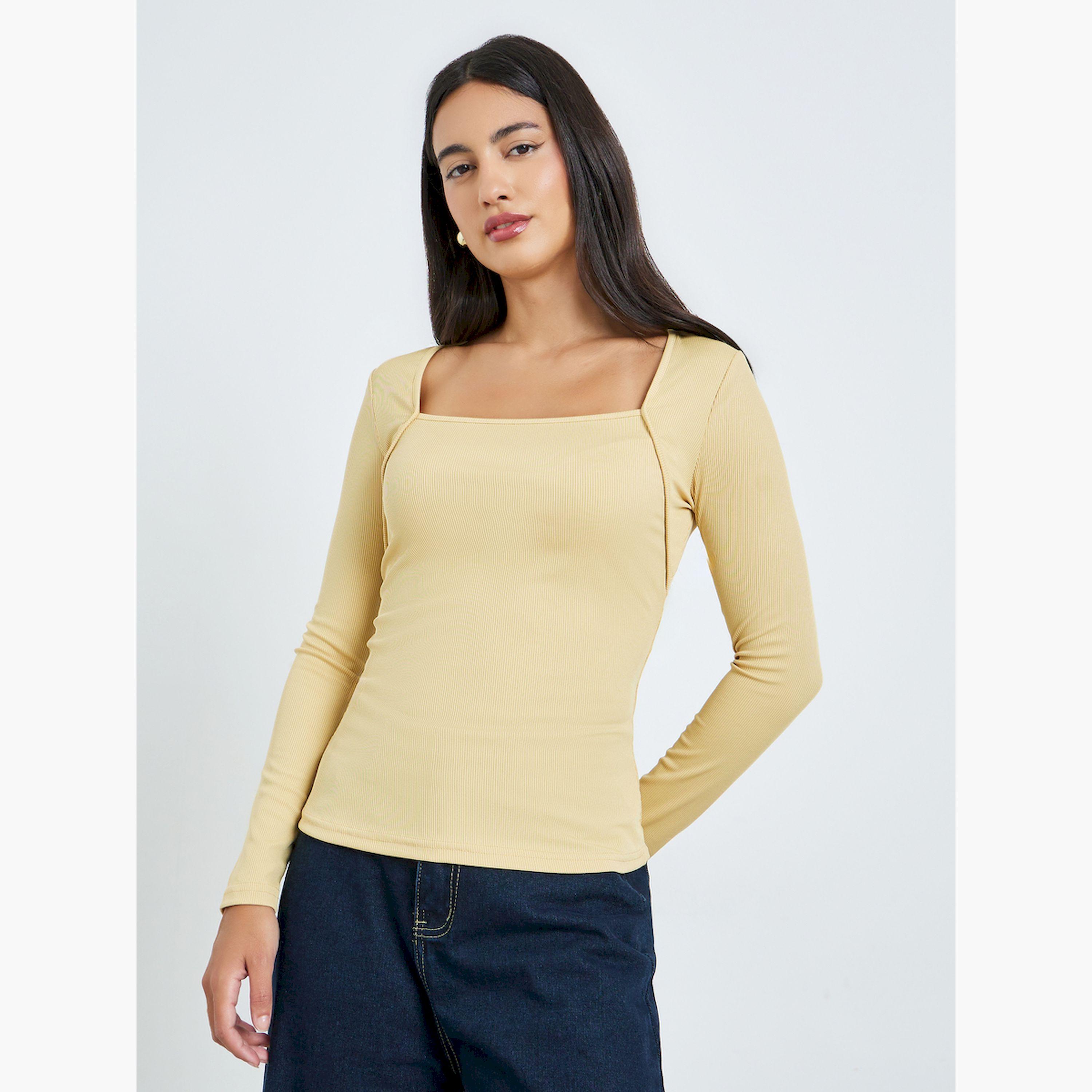 ستايلي - بلوزة ضيقة برقبة مربعة من التريكو لون اصفر-women-clothing-tshirts-image-1