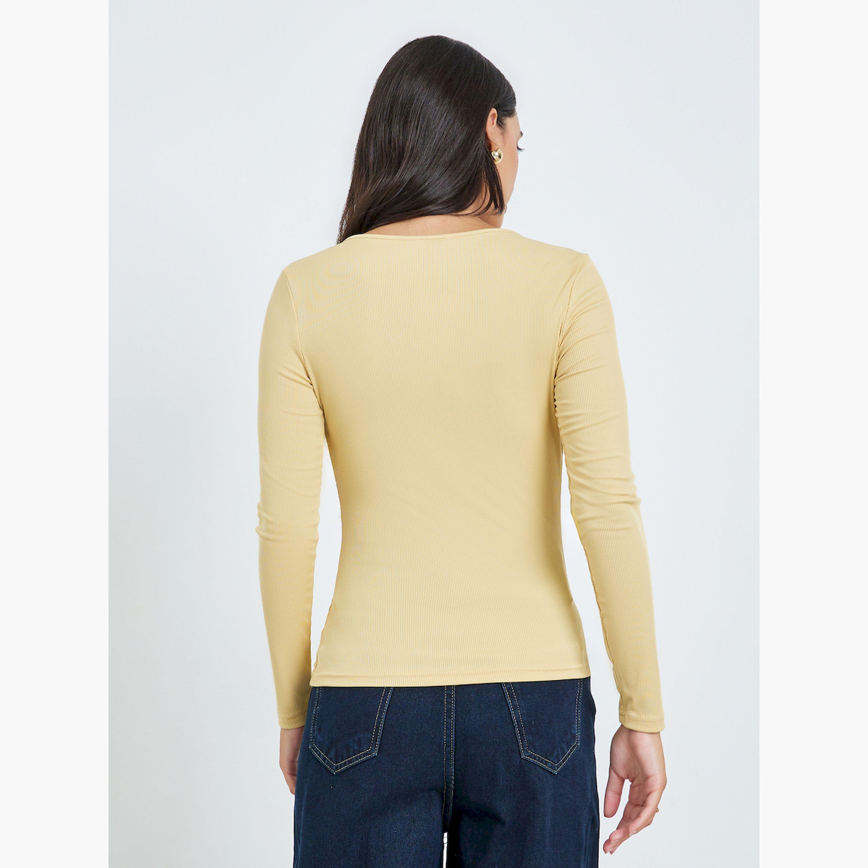 ستايلي - بلوزة ضيقة برقبة مربعة من التريكو لون اصفر-women-clothing-tshirts-image-4