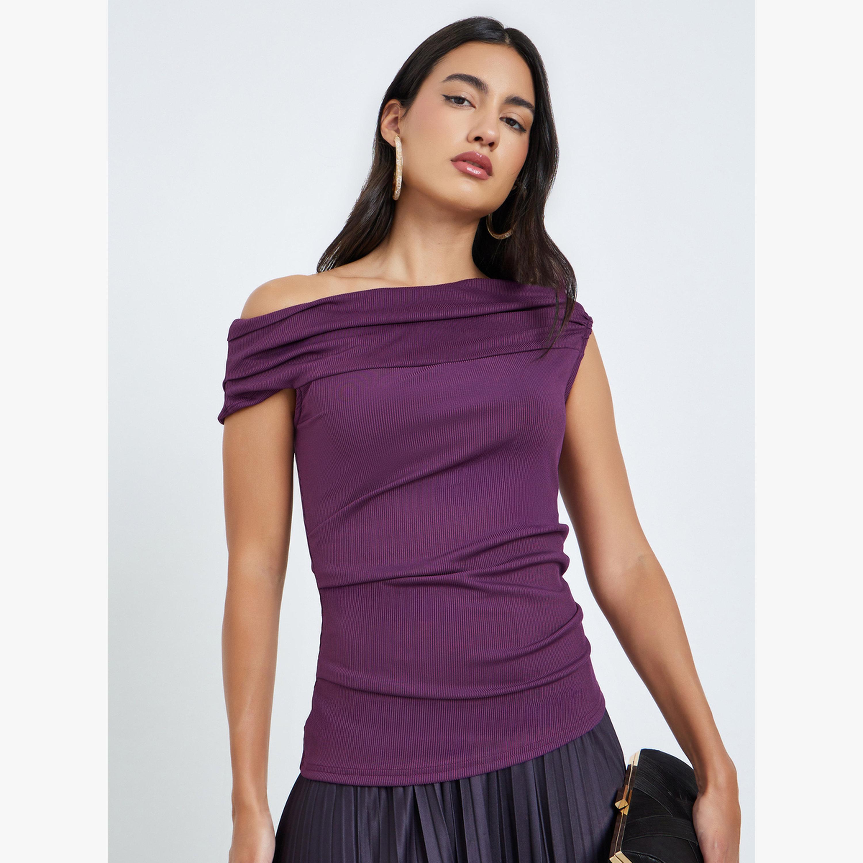 Styli Purple Draped Sleeveless Knit Top-women-clothing-shirtsandblouses-blouses-image-3