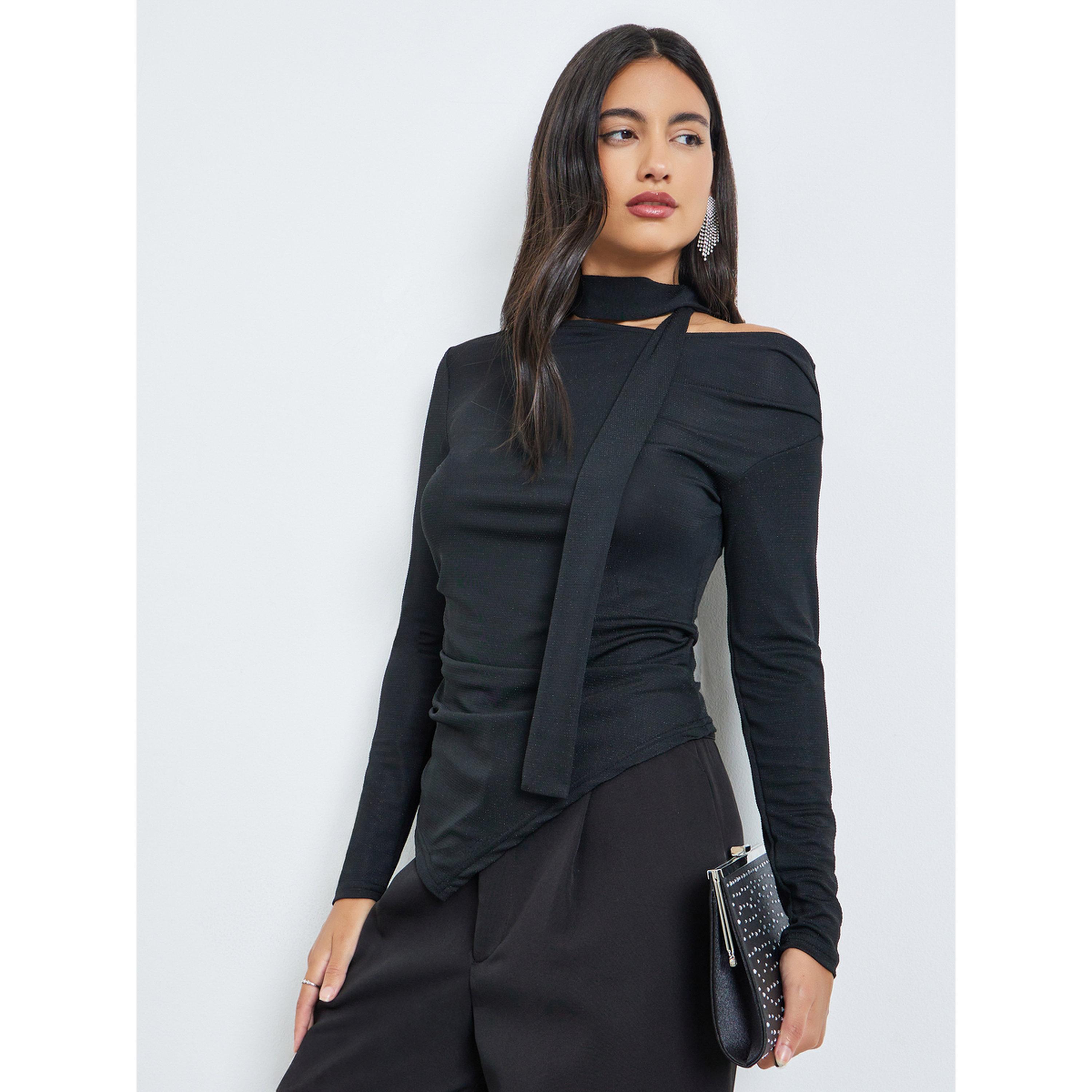بلوزة سادة بحافة غير متماثلة مع وشاح-women-clothing-shirtsandblouses-blouses-image-1