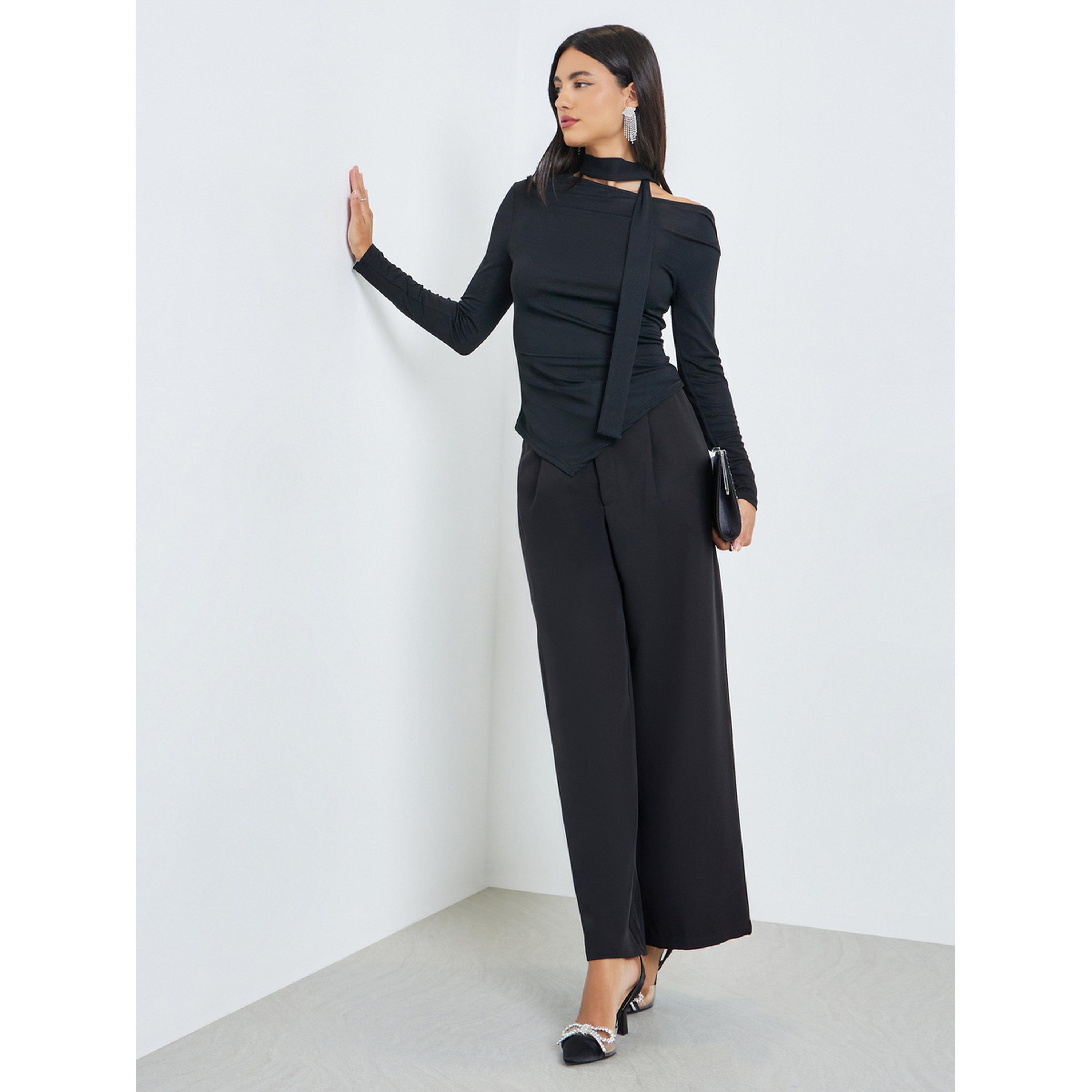 Styli Black Solid Asymmetric Hem Knit Top with Scarf-women-clothing-shirtsandblouses-blouses-image-2