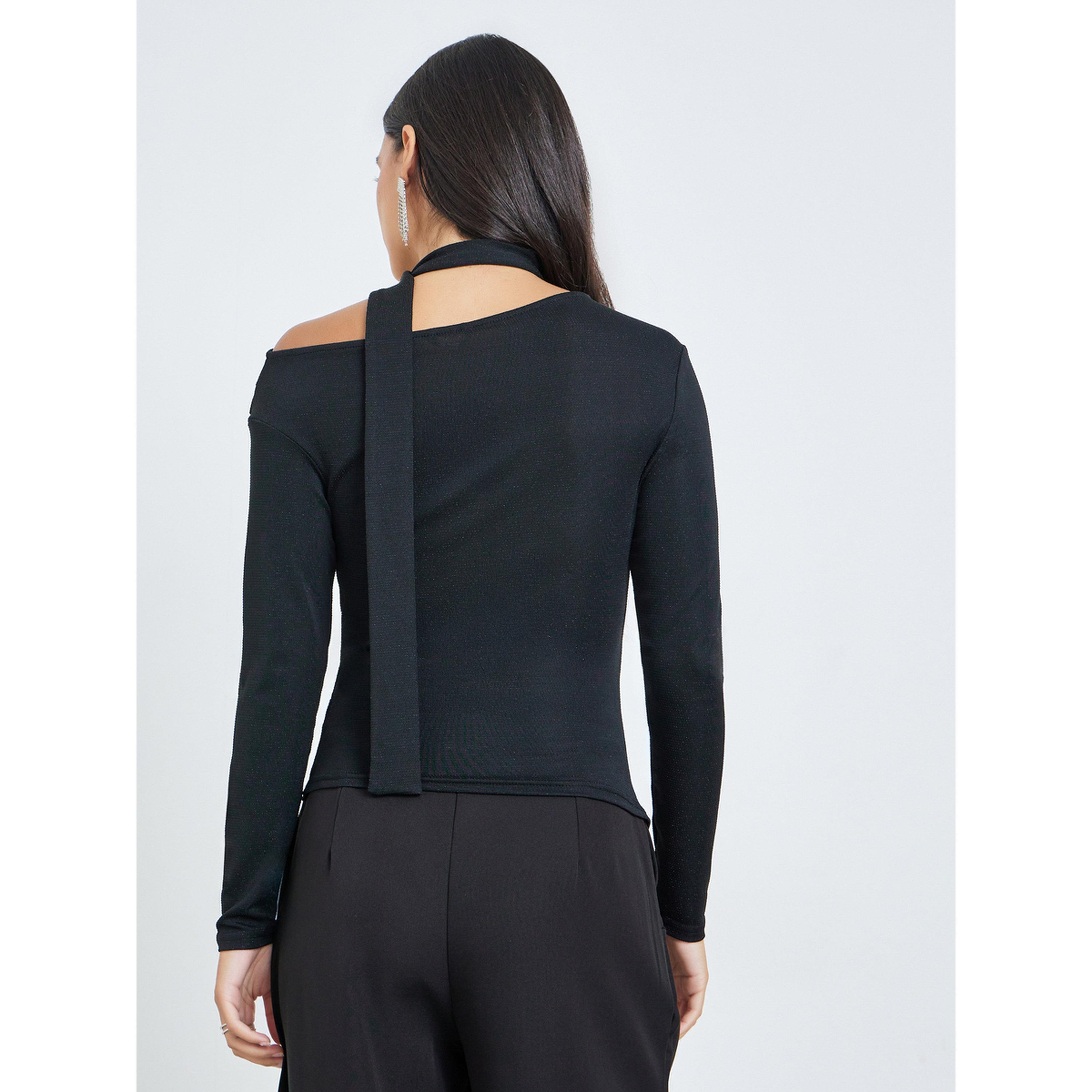 بلوزة سادة بحافة غير متماثلة مع وشاح-women-clothing-shirtsandblouses-blouses-image-3