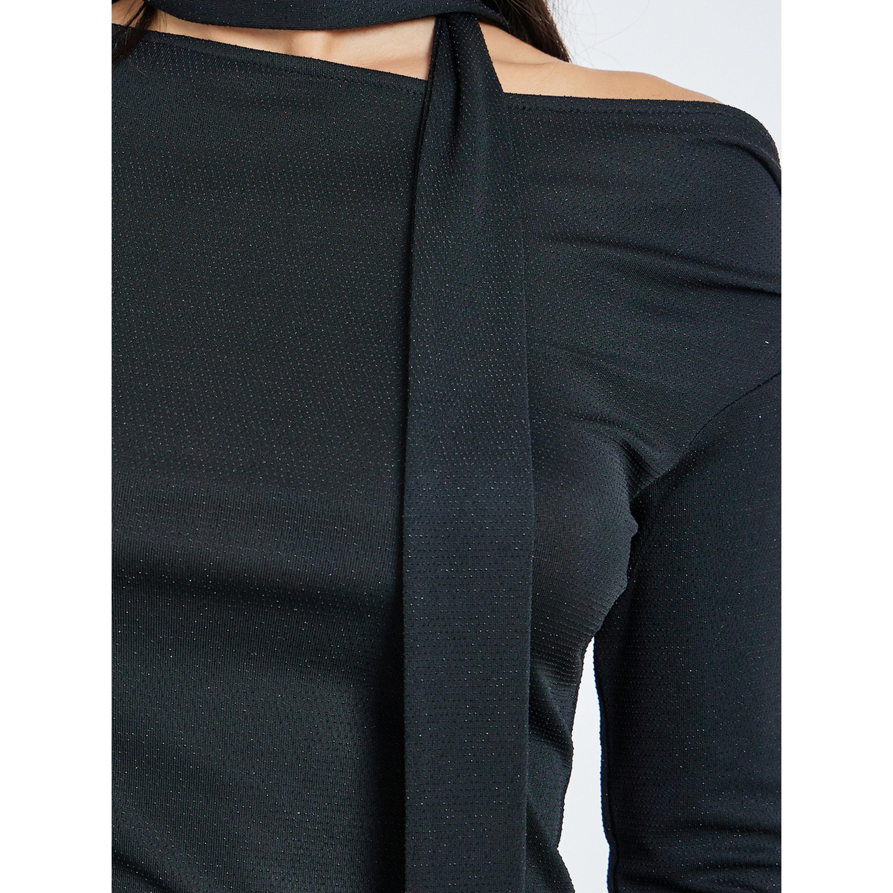 Styli Black Solid Asymmetric Hem Knit Top with Scarf-women-clothing-shirtsandblouses-blouses-image-4