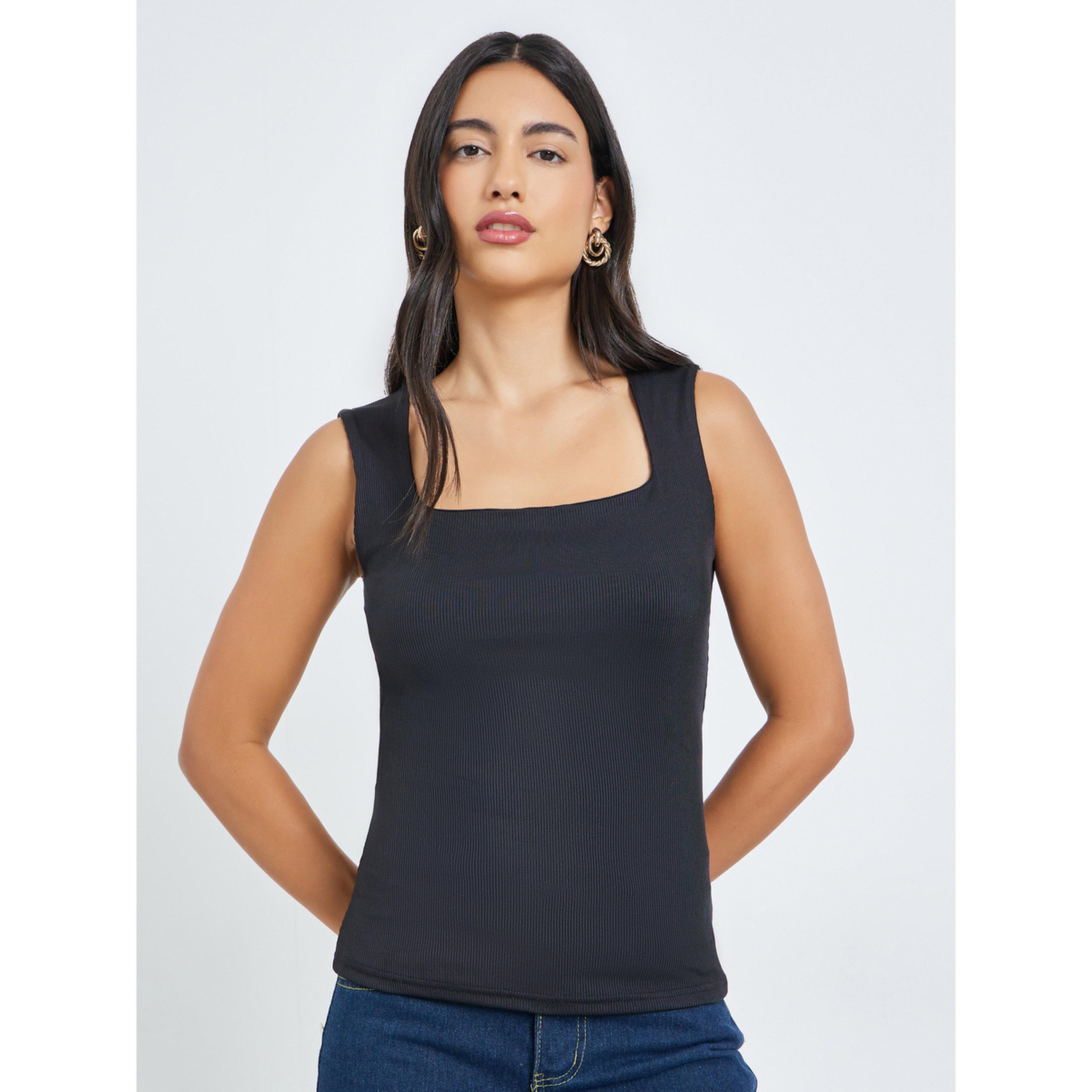 Styli Black Square Neck Fitted Knit Top-women-clothing-tshirts-image-1