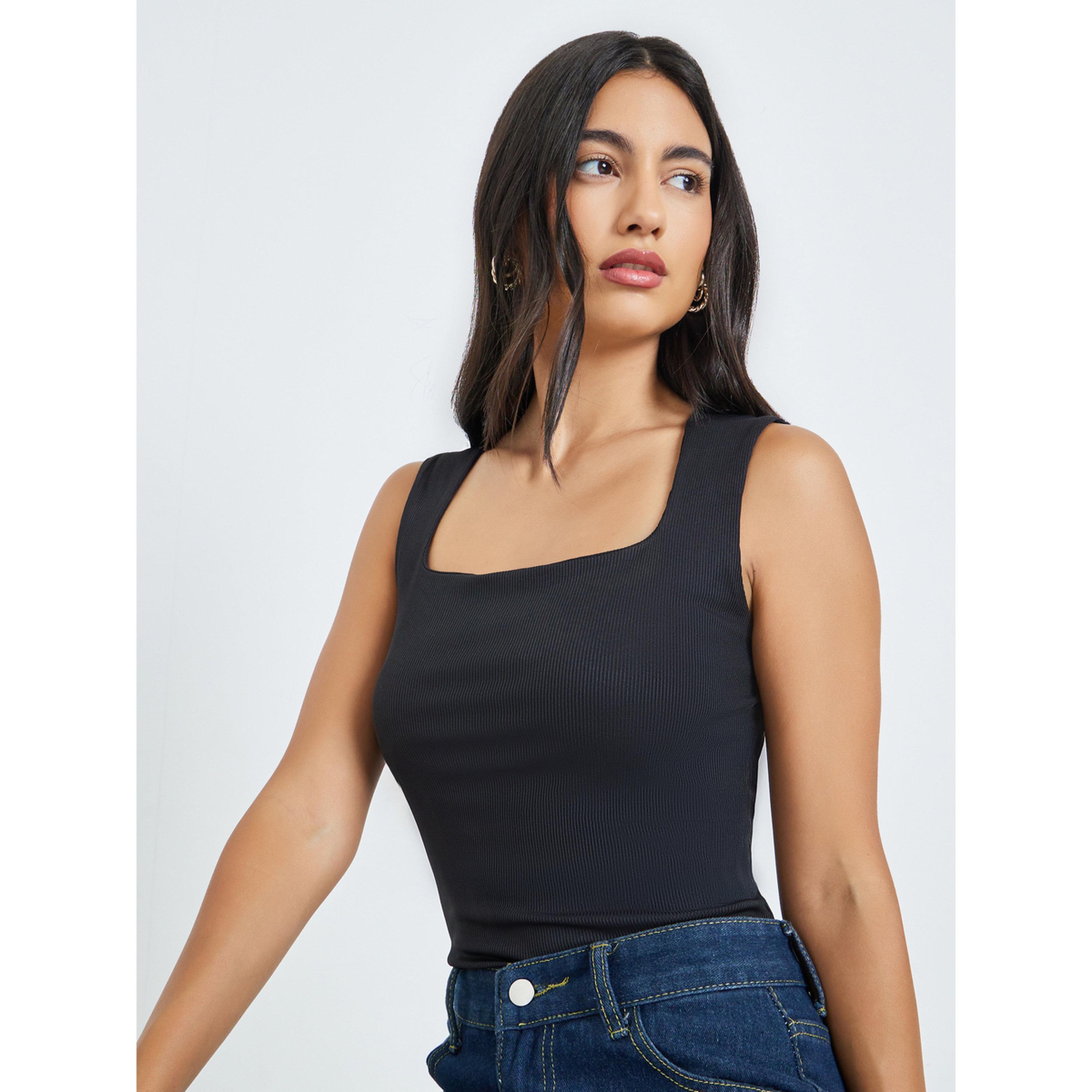 Styli Black Square Neck Fitted Knit Top-women-clothing-tshirts-image-3