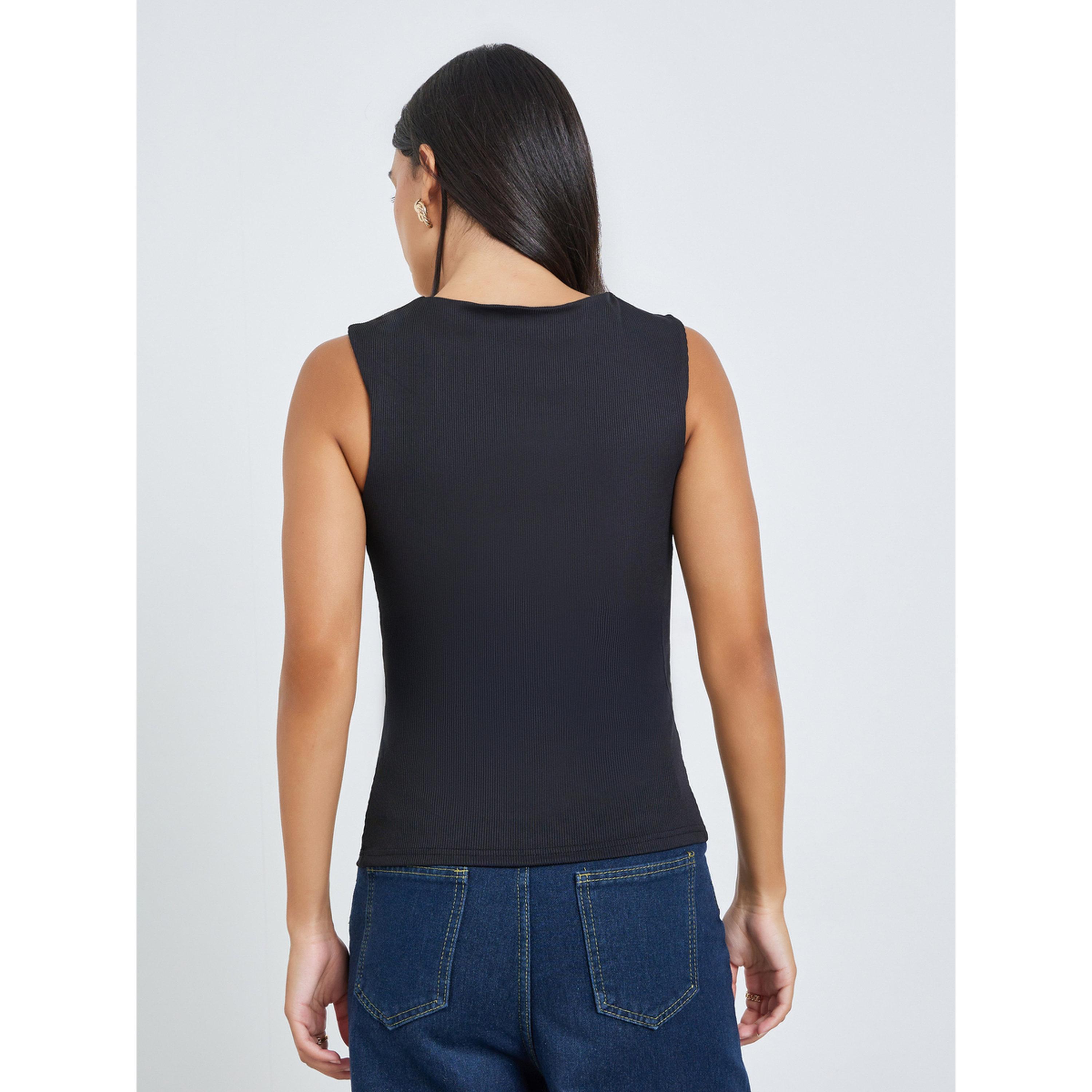 Styli Black Square Neck Fitted Knit Top-women-clothing-tshirts-image-4