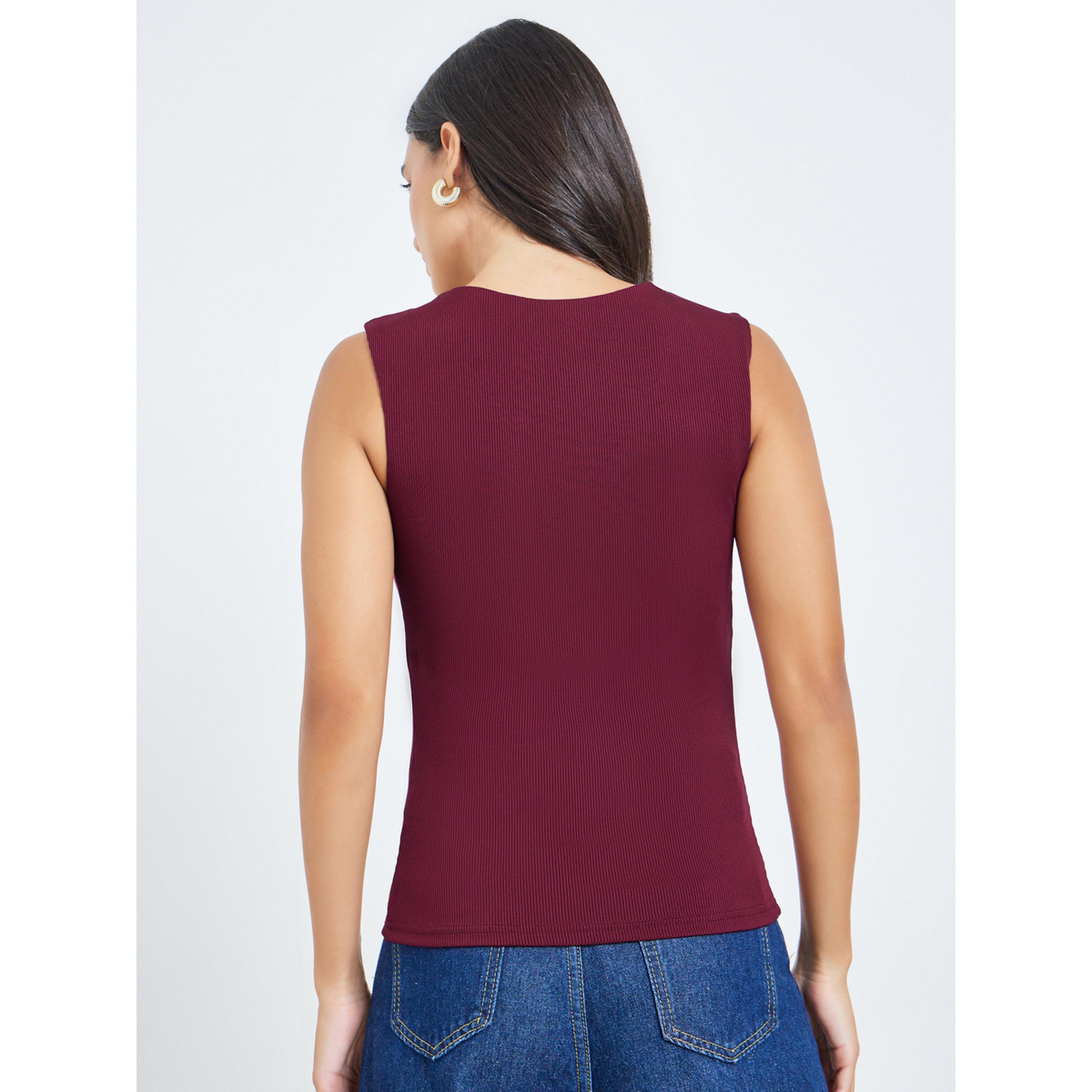 Styli Burgundy Square Neck Fitted Knit Top-women-clothing-tshirts-image-4