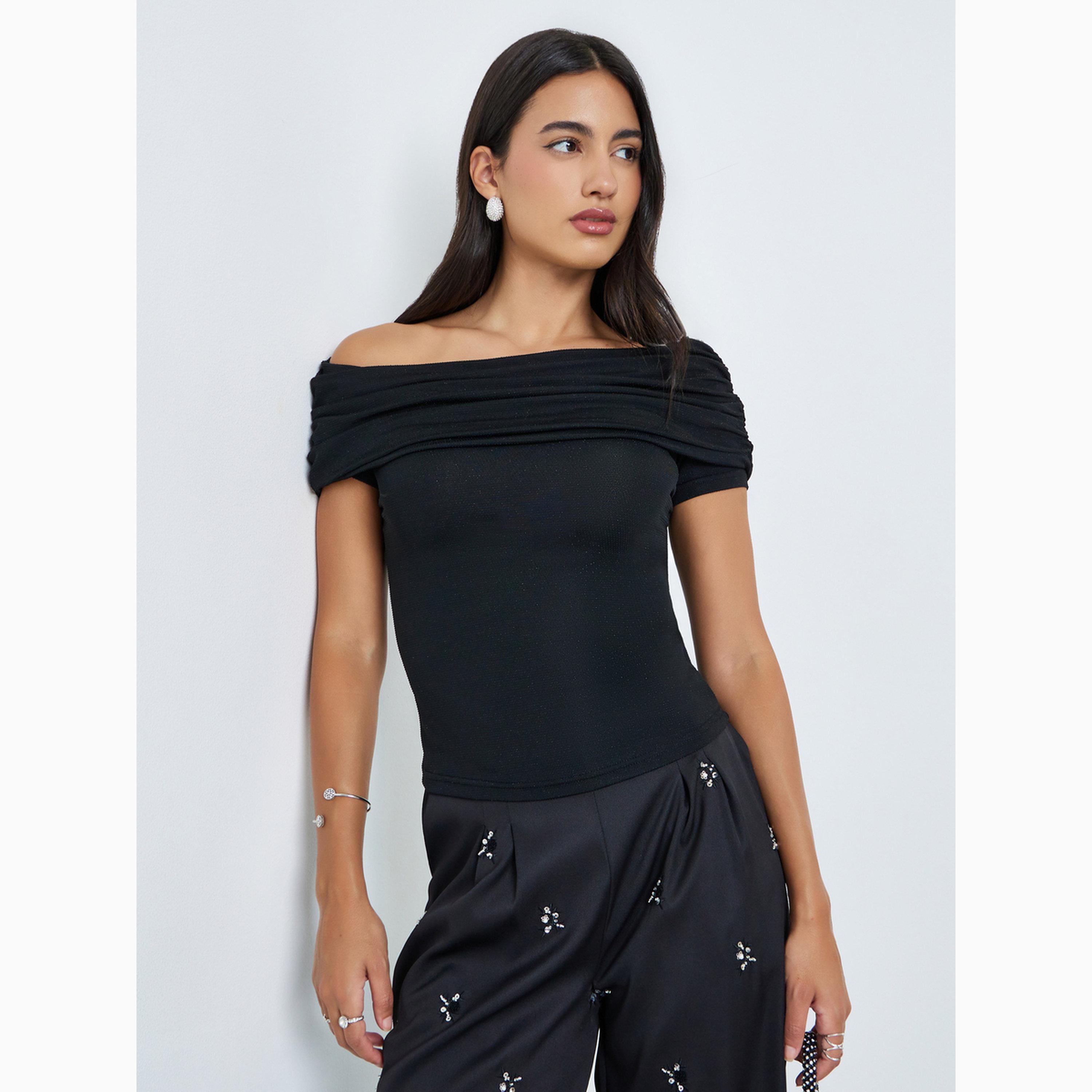 Styli Black Ruched Off-Shoulder Knit Top-women-clothing-shirtsandblouses-blouses-image-1