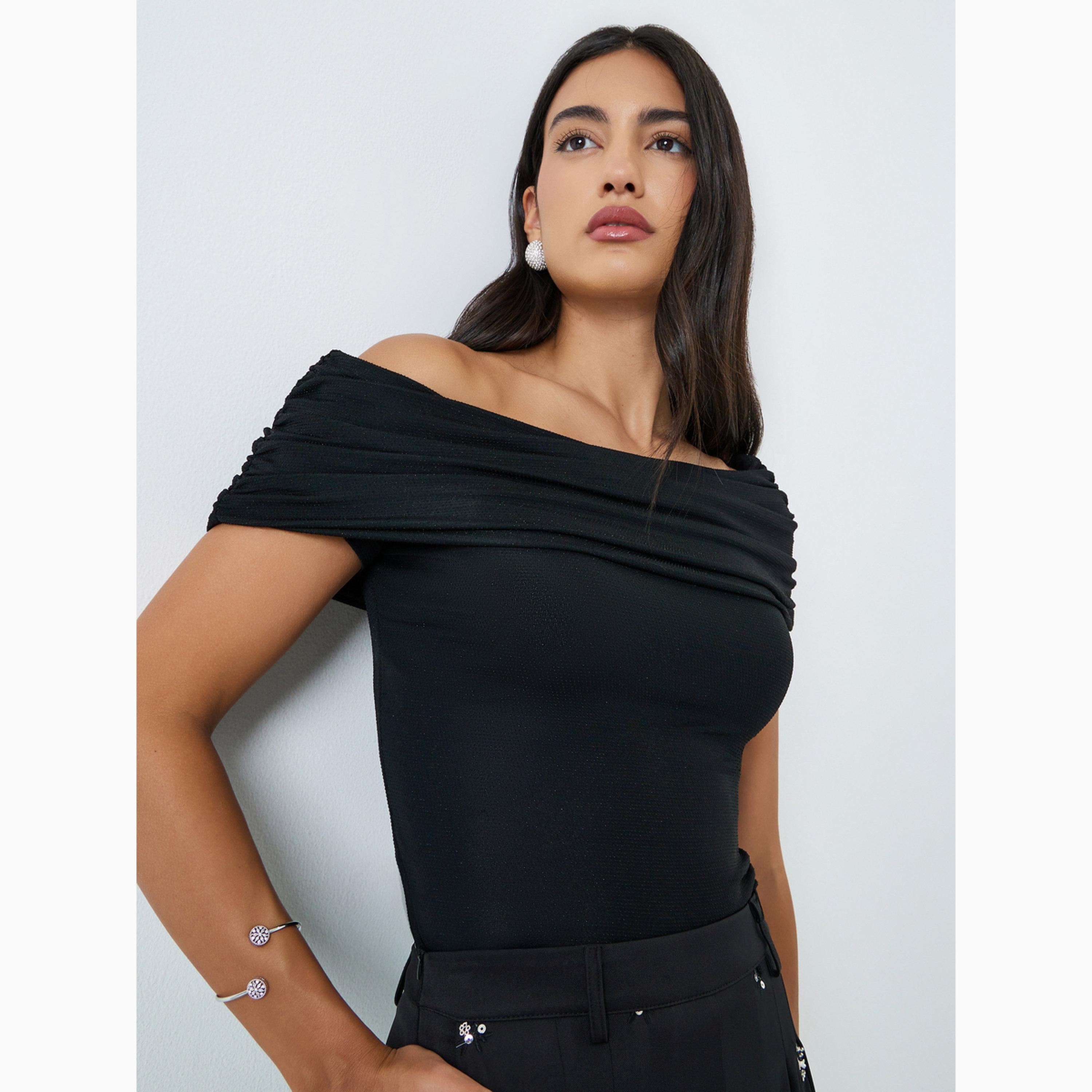 Styli Black Ruched Off-Shoulder Knit Top-women-clothing-shirtsandblouses-blouses-image-3