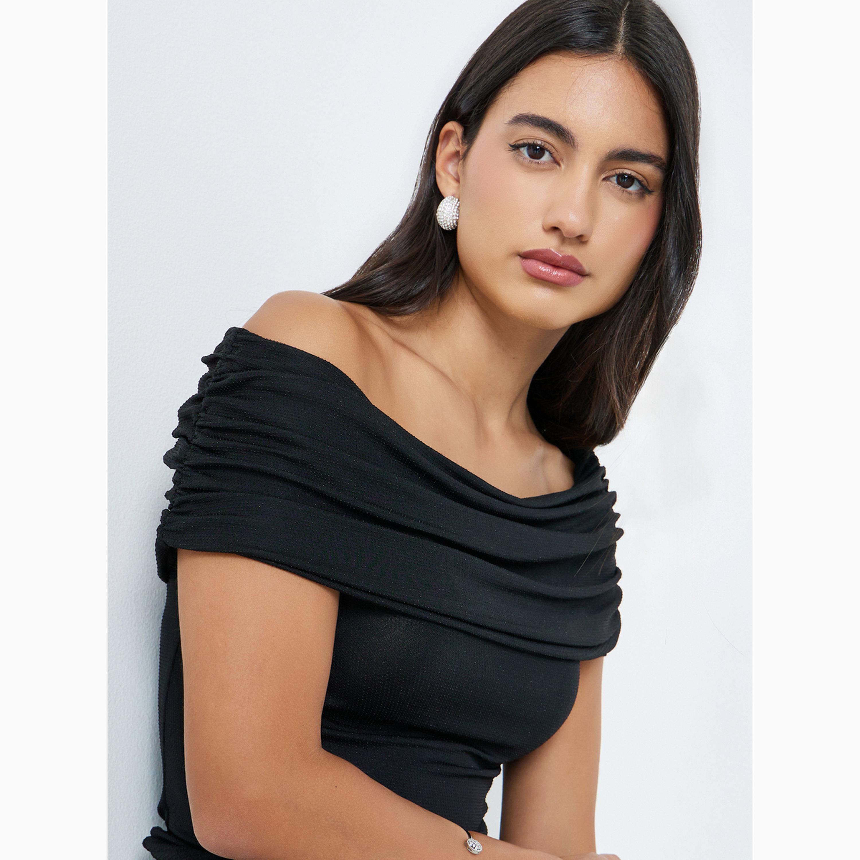 Styli Black Ruched Off-Shoulder Knit Top-women-clothing-shirtsandblouses-blouses-image-4